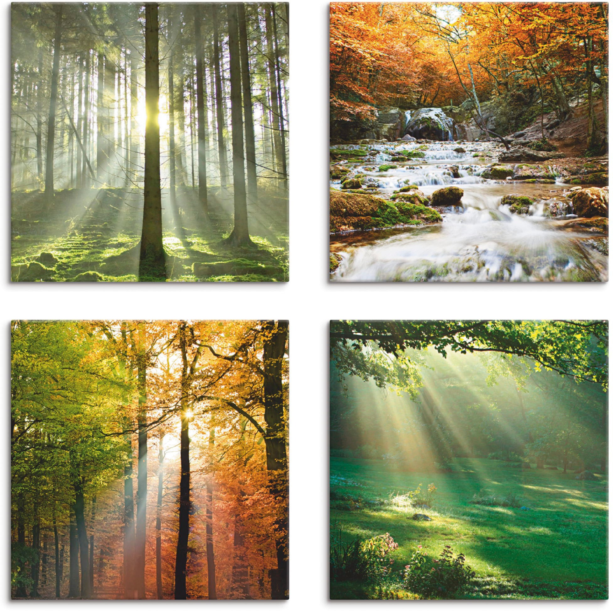 Artland Leinwandbild "Wald Wasserfall Herbsttag", Wald, (4 St.), 4er Set, verschiedene Größen