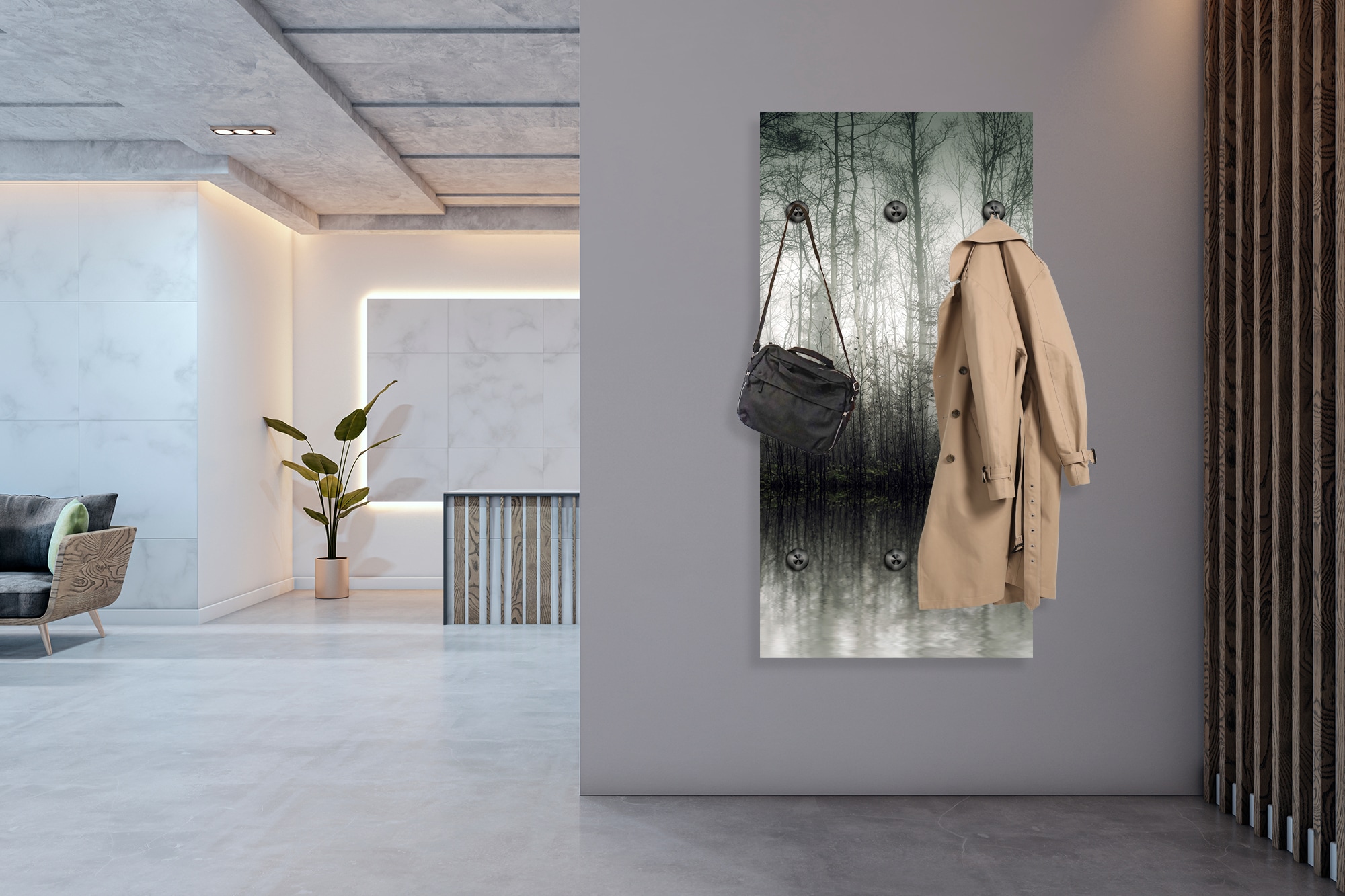 queence Wandgarderobe »Nebeliger Wald« 1 Stk. tlg. Wandpaneel aus Acrylglas inkl. 6 Edelstahlhaken in schwarz matt