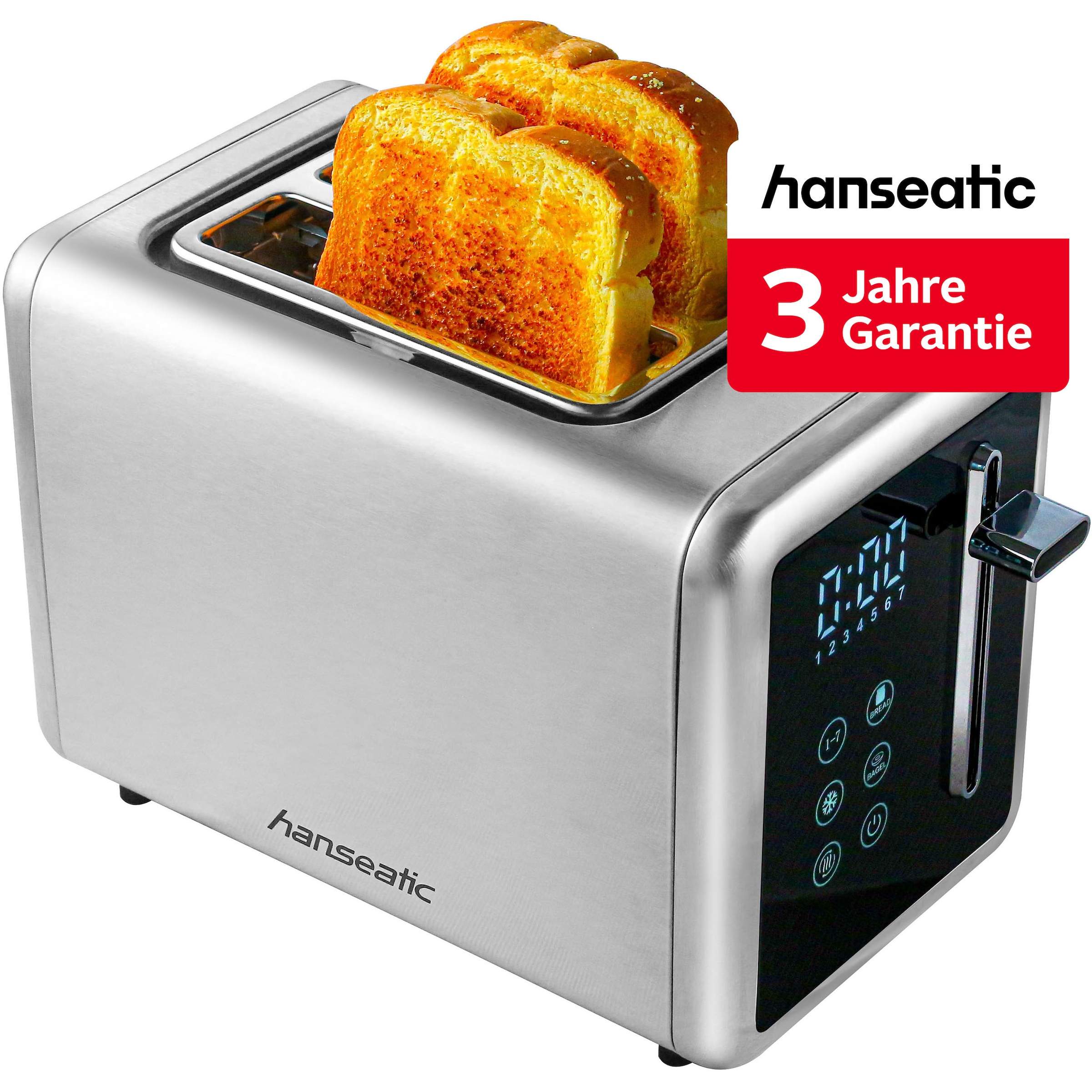 HANSEATIC Toaster "HT9007BD, mit Brötchenaufsatz", silber (silberfarben, schwarz), B:16cm H:19cm T:28cm, Toaster, inkl. 3 Jahre Herstellergarantie - E