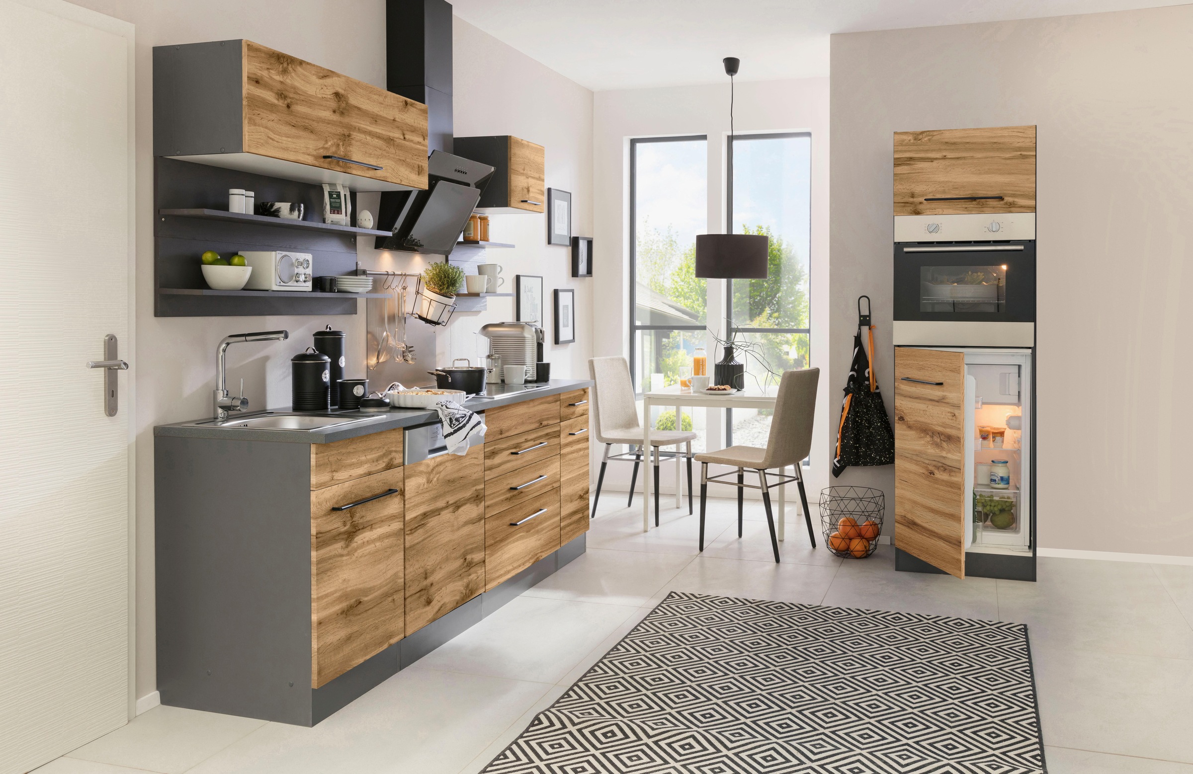 KOCHSTATION Küchenzeile »KS-Tulsa«, mit E-Geräten, Breite 290 cm, schwarze Metallgriffe, MDF Fronten