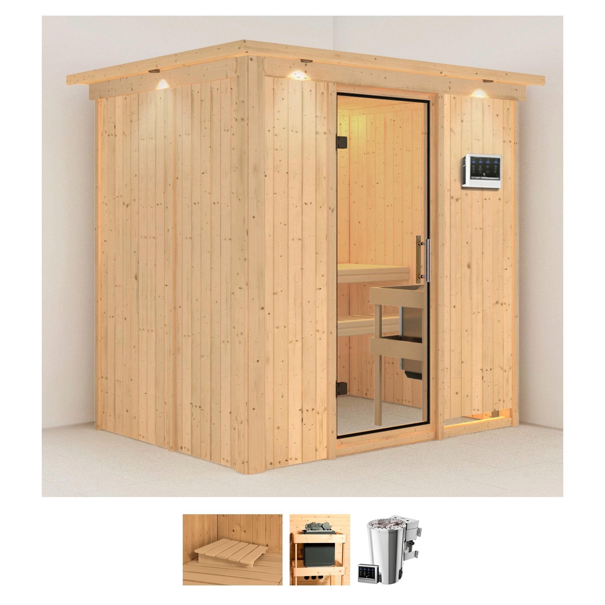 Karibu Sauna »Finja«, (Set), 3,6-kW-Bio-Plug & Play Ofen mit externer Steuerung