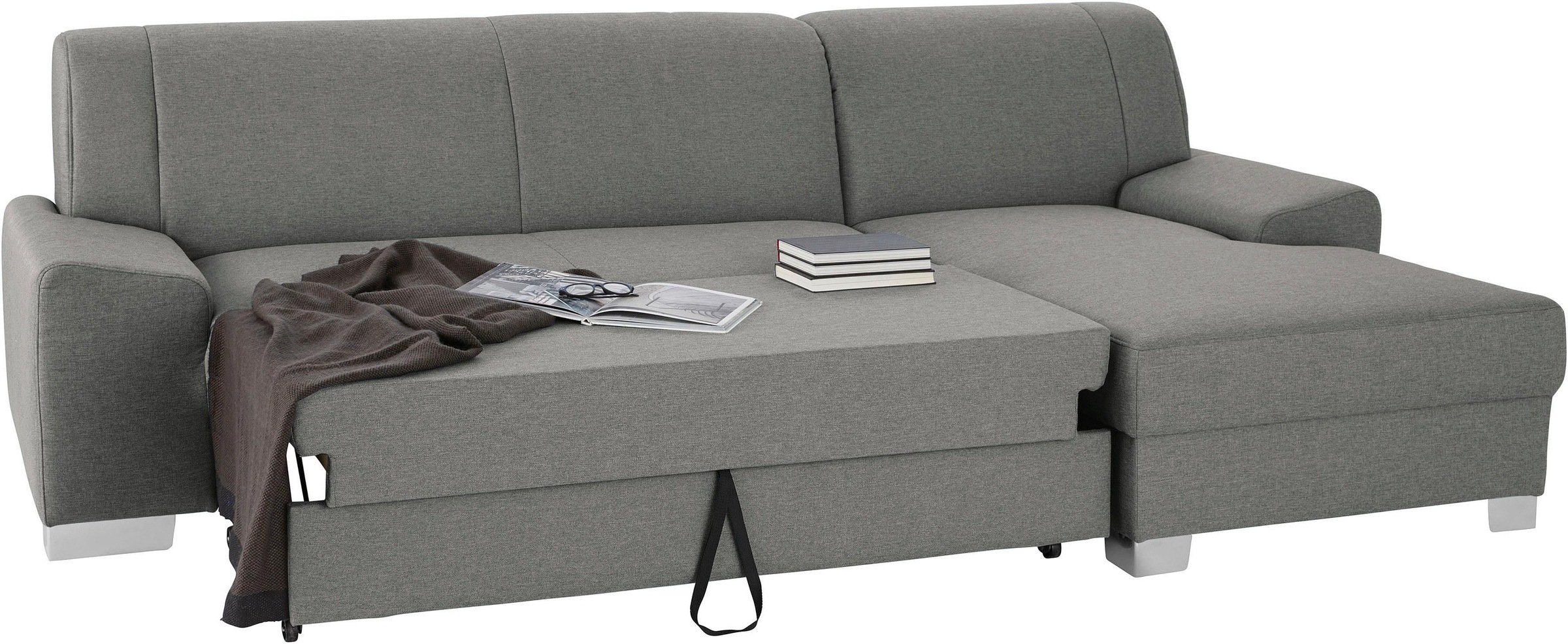DOMO collection Ecksofa »Anzio L-Form, whlw. Bettfunktion, Federkern, hochwertig, Breite 271 cm«, Mit Bettfunktion, Recamiere rechts, Struktur fein, steel-grau