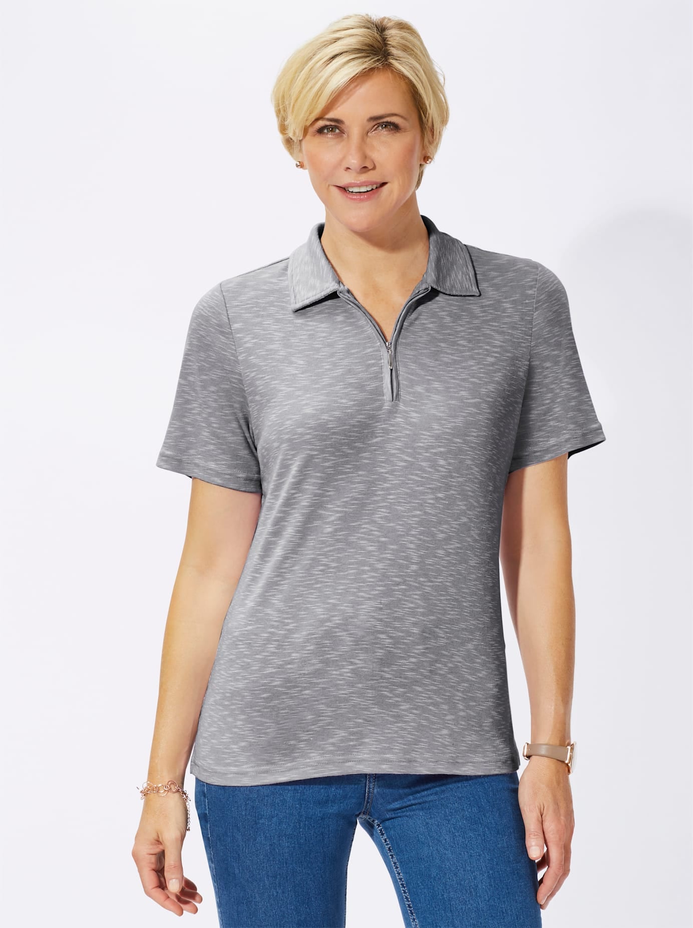 CASUAL LOOKS Damen Poloshirt "Shirt", grau, Gr. 42, meliert, 50% Baumwolle, 45% Polyester, 5% Viskose, Shirts
