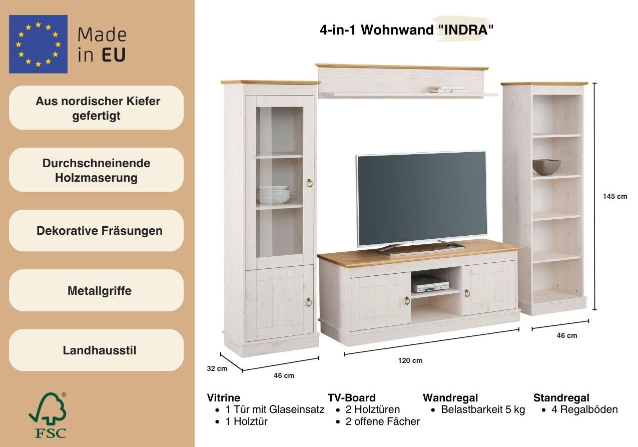 Home affaire Wohnwand »Indra«, (Set, 4 St.), 4-teiliges Set: Vitrine, Lowboard, Wand- & Standregal, Kiefer massiv