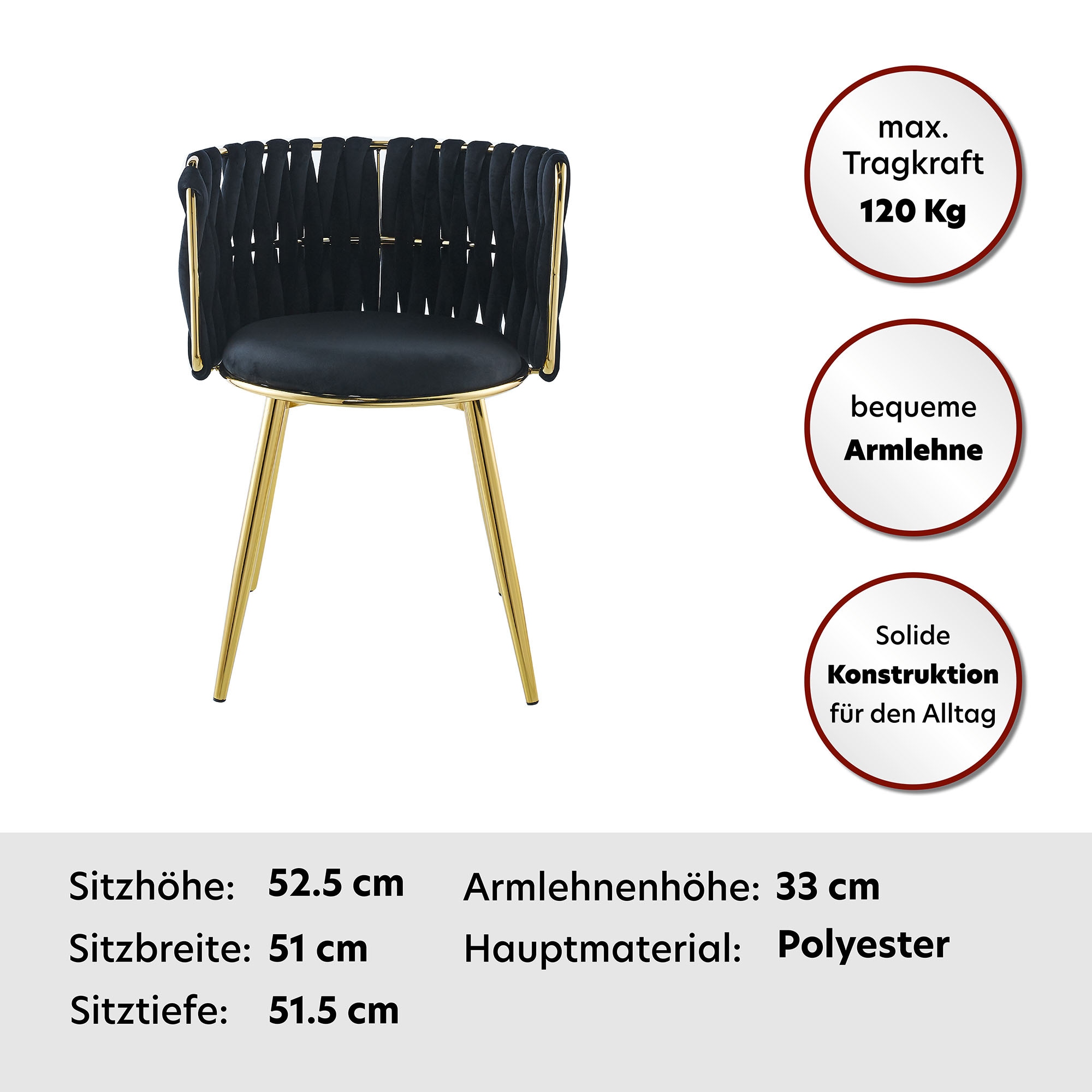 Kayoom Polsterstuhl »Stuhl Melly 125 2er-Set,tolles Design der Rückenlehne, runde Sitzfläch«, (Set), 2 St., ausgefallen geflochtene Rückenlehne, Samtbezug, goldene Beine