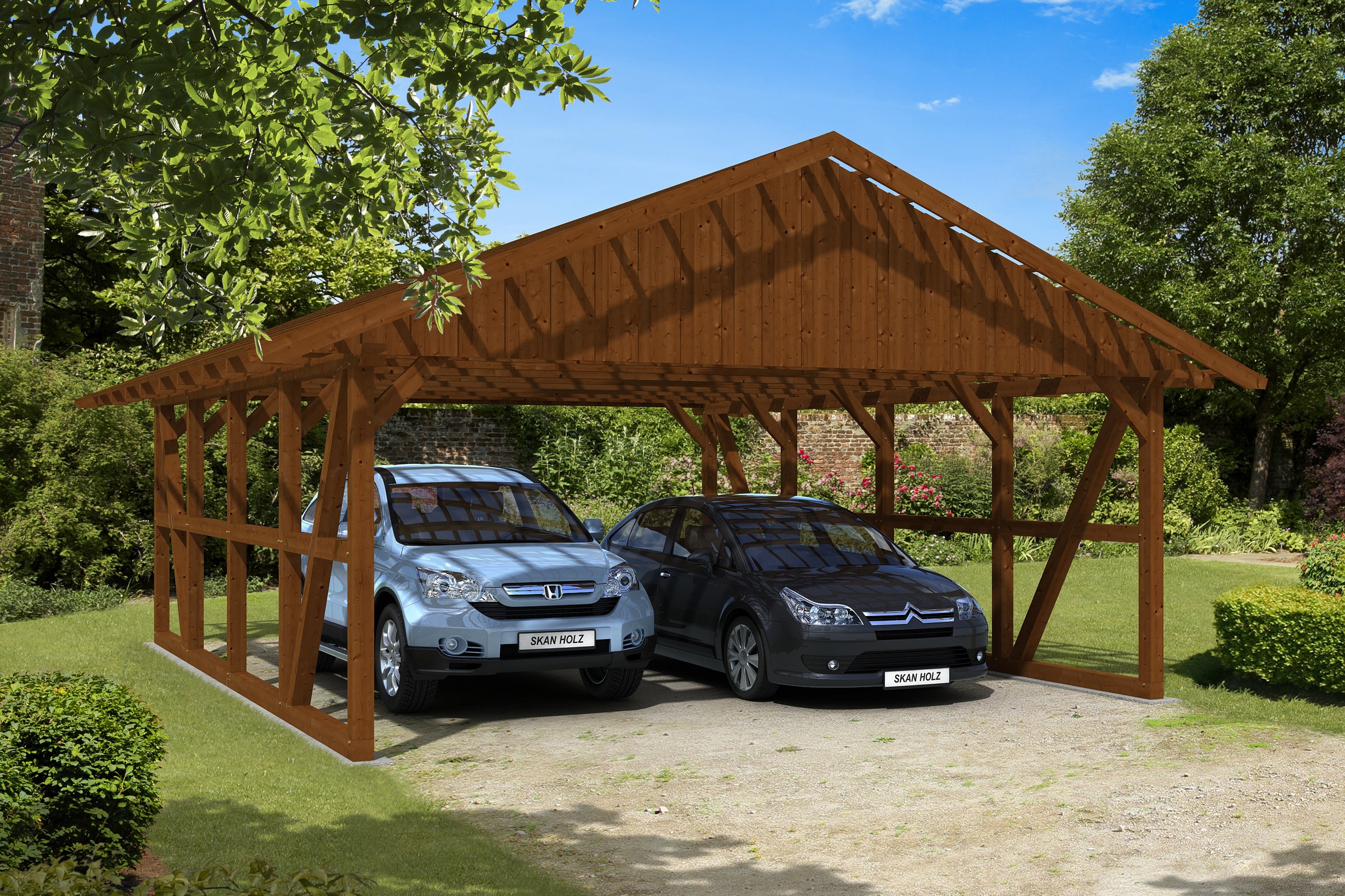 Skanholz Doppelcarport »Schwarzwald«, KVH-Fichte, 560 cm, Nussbaum, mit Dachlattung