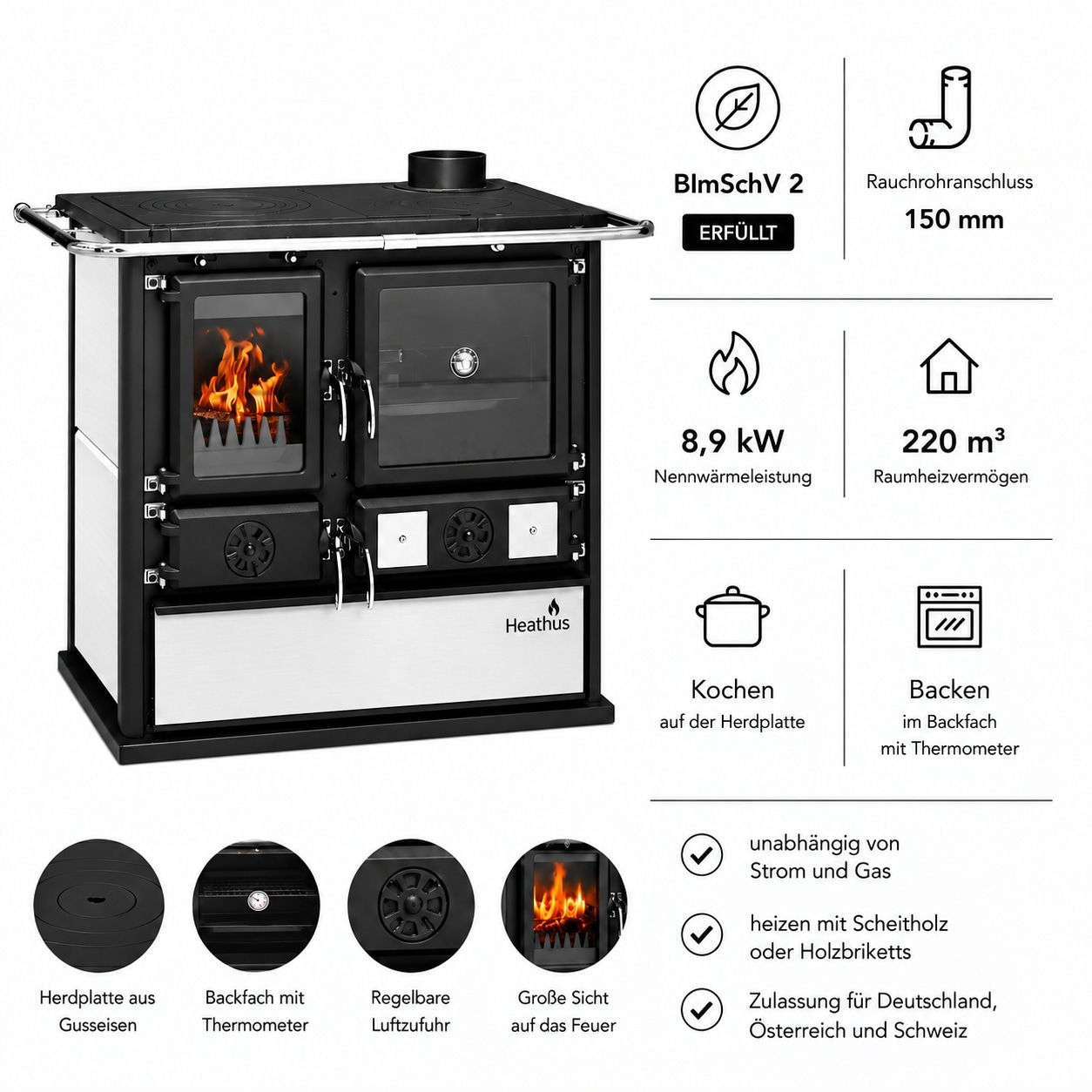   Festbrennstoffherd »Cook Premium Perl White« Küchenofen, Ofenherd zum Heizen, Kochen & Backen