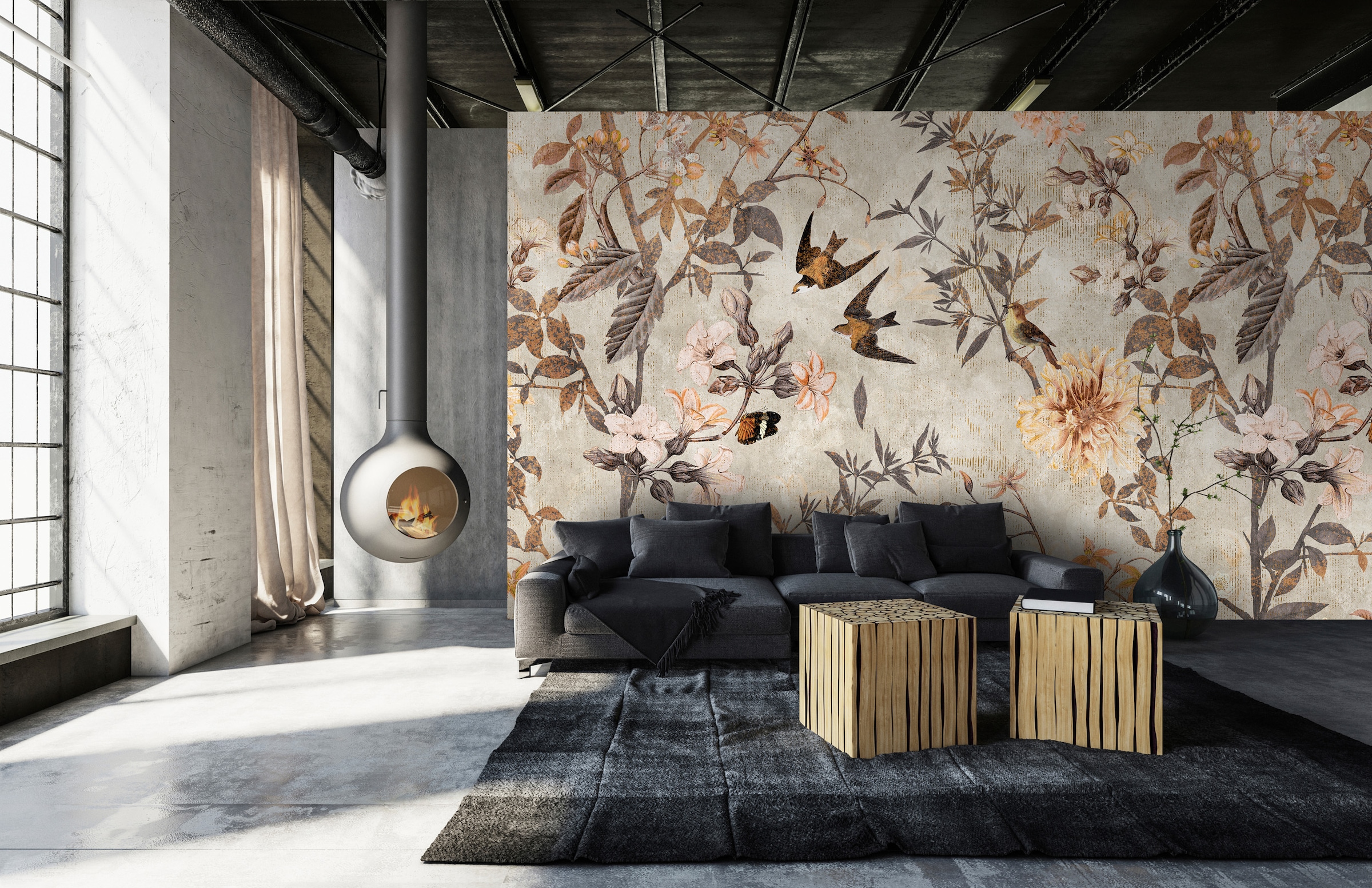living walls "Vogel-Tapete florales Muster Beige Braun" matt glatt