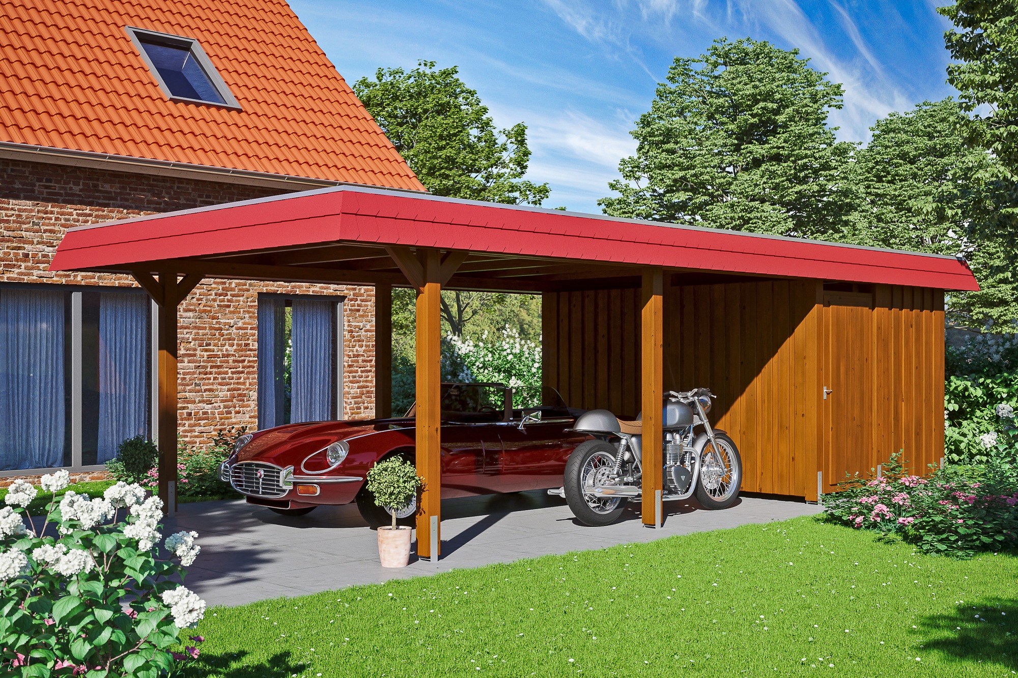 Skanholz Einzelcarport »Wendland«, Leimholz-Fichte, 341 cm, Nussbaum, mit Abstellraum mit Aluminiumdach, rote Blende