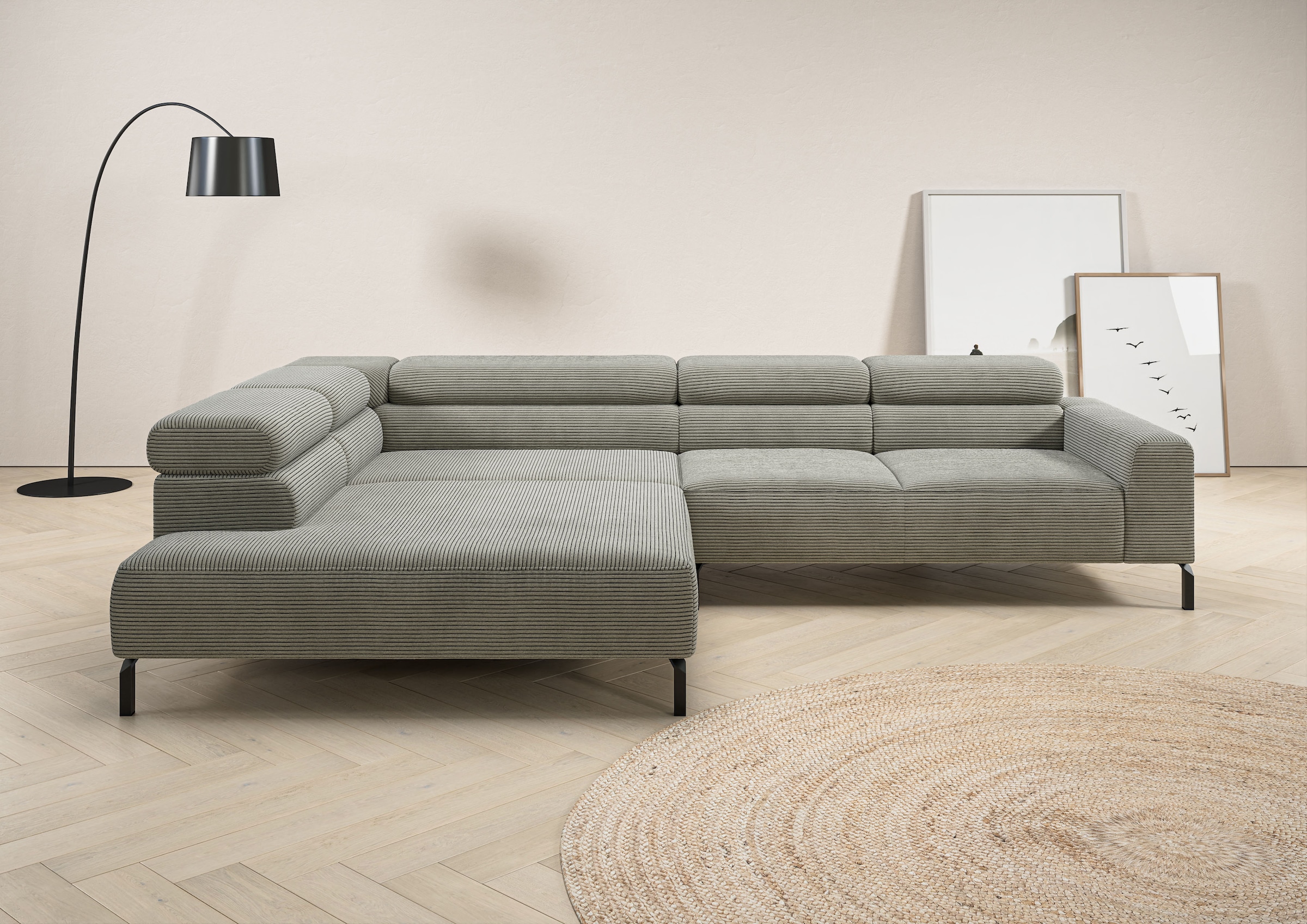 Home affaire Ecksofa "Antonelli, L-Form, incl. Kopfteilverstellung, Breite 312 cm" ohne Sitztiefenverstellung, in Cord, stone