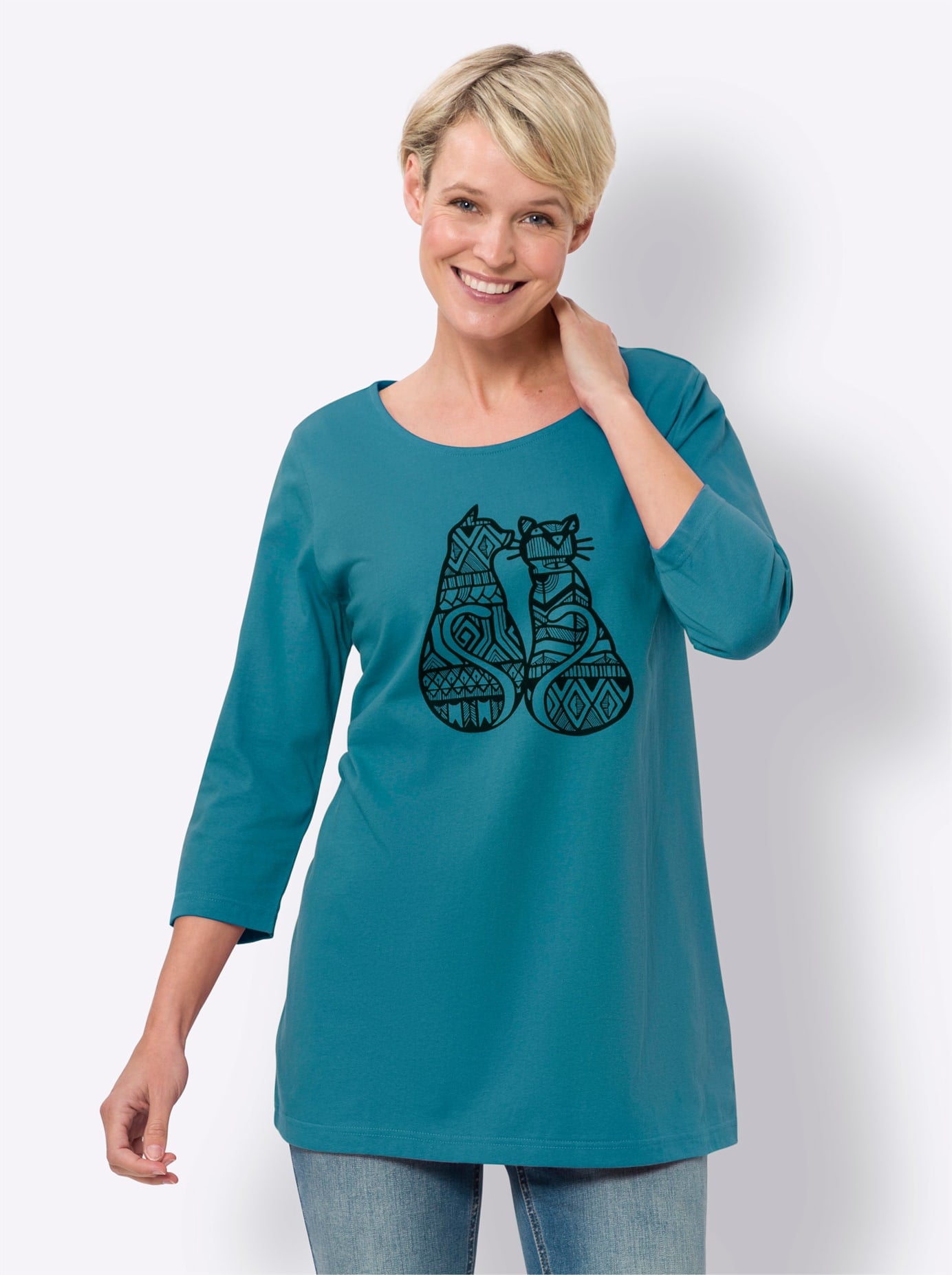 Longshirt CLASSIC BASICS "Longshirt", Damen, Gr. 42, blau (aquapetrol, schwarz), 100% Baumwolle, bedruckt, gemustert, Rundhals, Shirts Longshirt