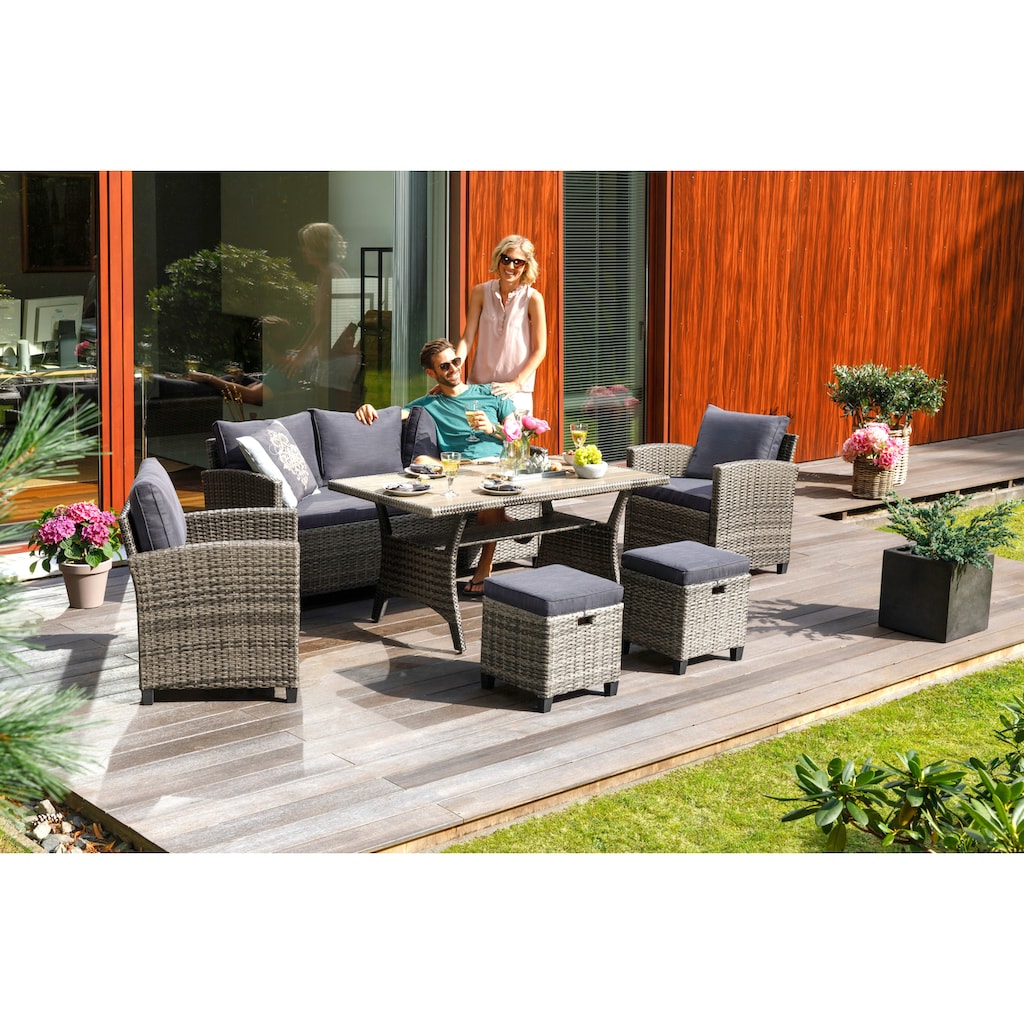 KONIFERA Gartenlounge-Set »Amsterdam«, (Set, 16 tlg., 1x 3er Sofa, 1x 2 Sessel, 2x Hocker, 1xTisch 144,5x74x67cm,Polyrattan), Stahl, Ablagefläche unter dem Tisch, Loungeset