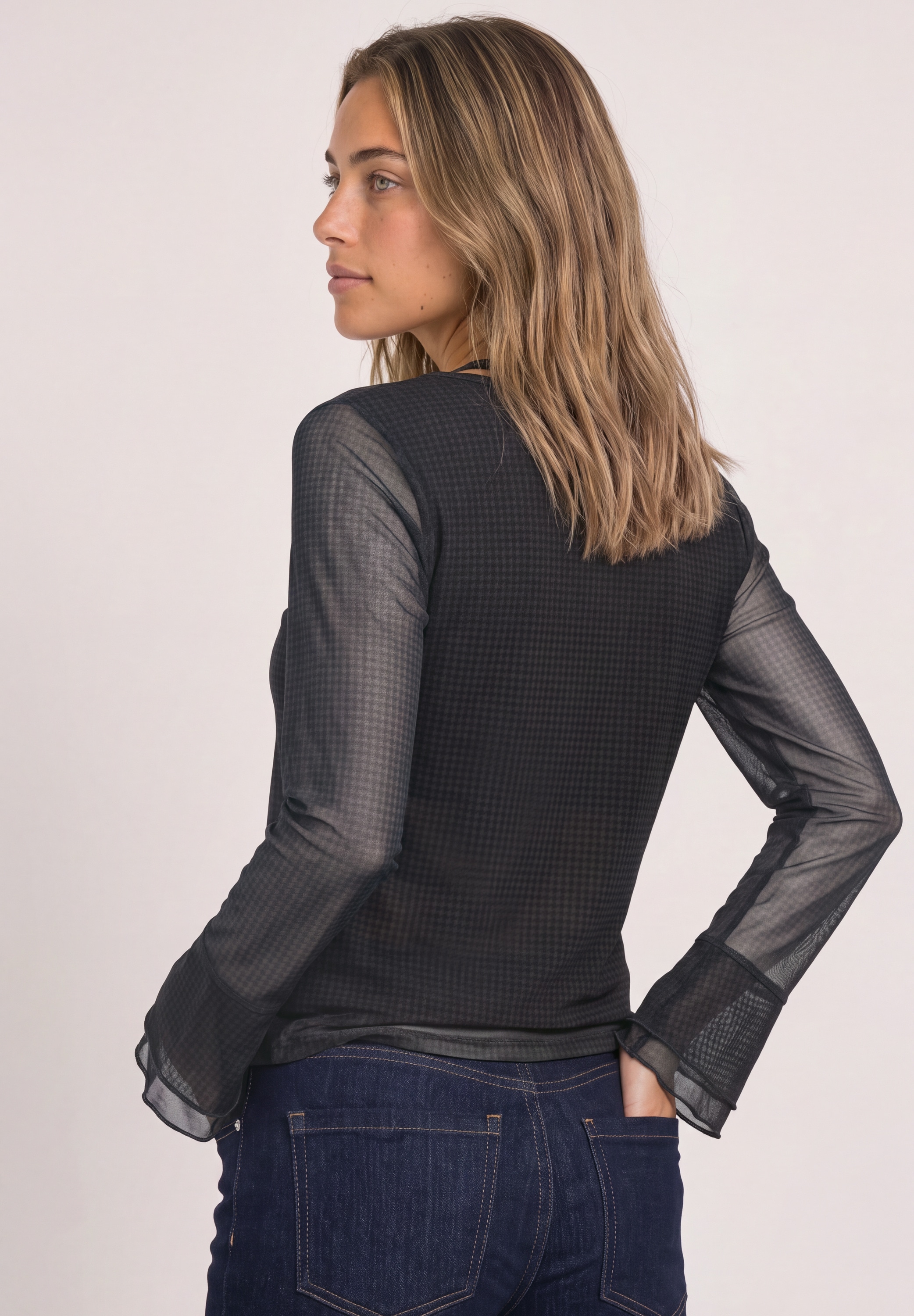 STREET ONE Rundhalsshirt aus Mesh mit langen Volant-Ärmeln