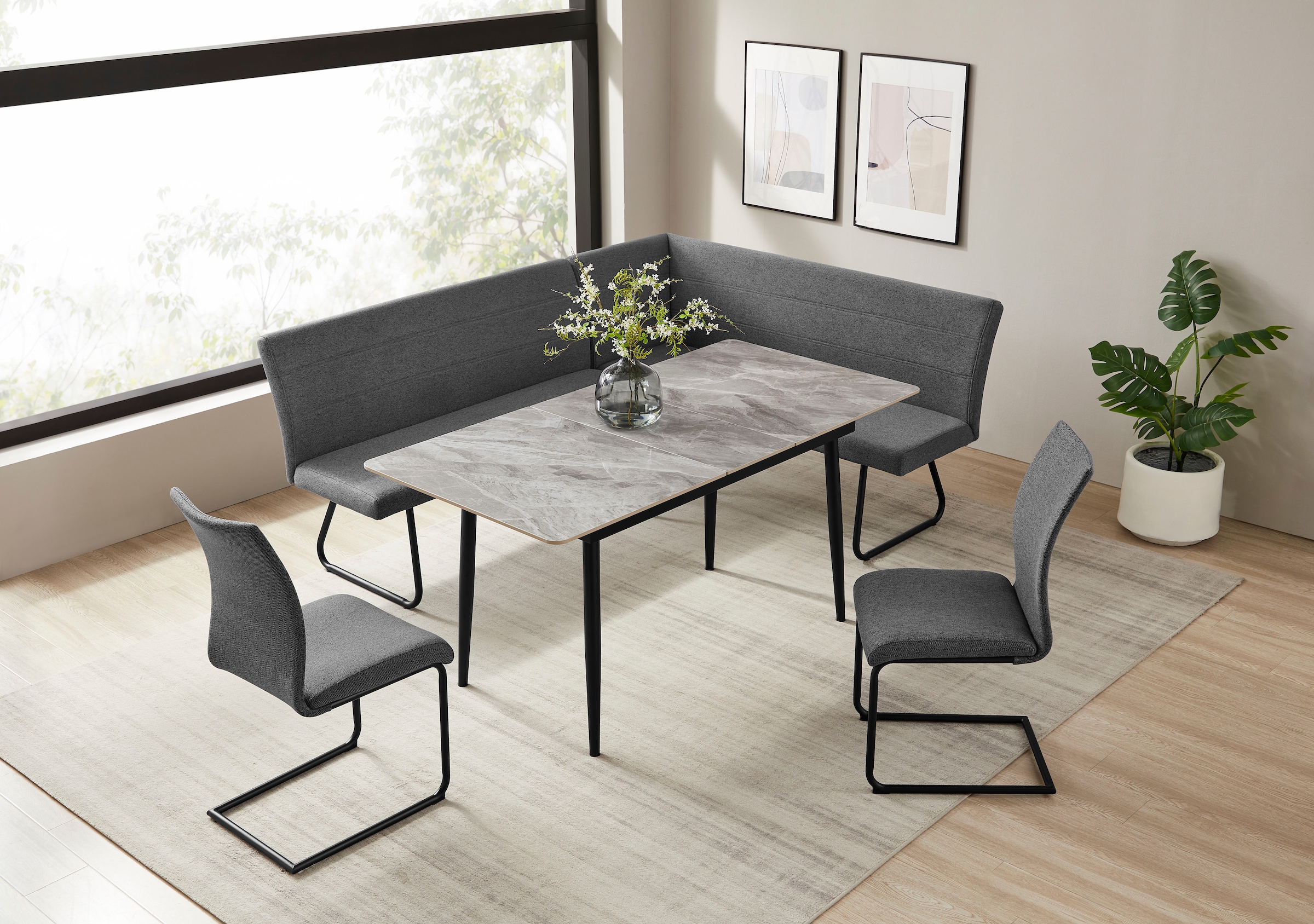 OTTO home Eckbankgruppe »Stevian« Set, 1 ausziehbarer Esstisch + 1 Eckbank Recamiere links + 2 Stühle, 4 Stk. tlg. Holz, Strukturstoffbezug, Freischwingerstühle, gesteppten Bänken