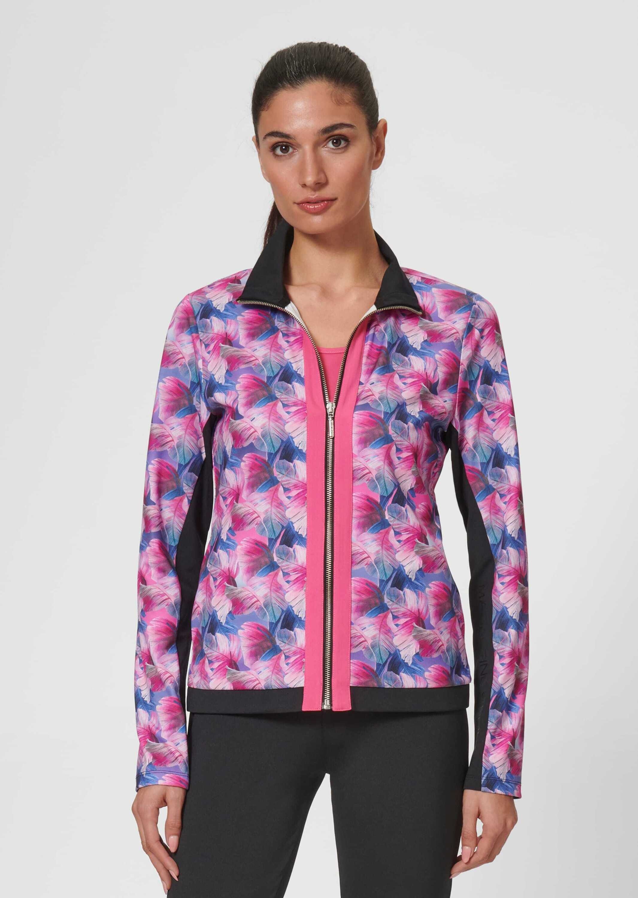 Outdoorjacke MADELEINE "Jacke Jacke mit Blätterprint", Damen, Gr. 36, pink (erdbeerpink, multicolor), Obermaterial: 92% Polyester PES. 8% Elasthan EL., Modern, Jacken Outdoorjacke