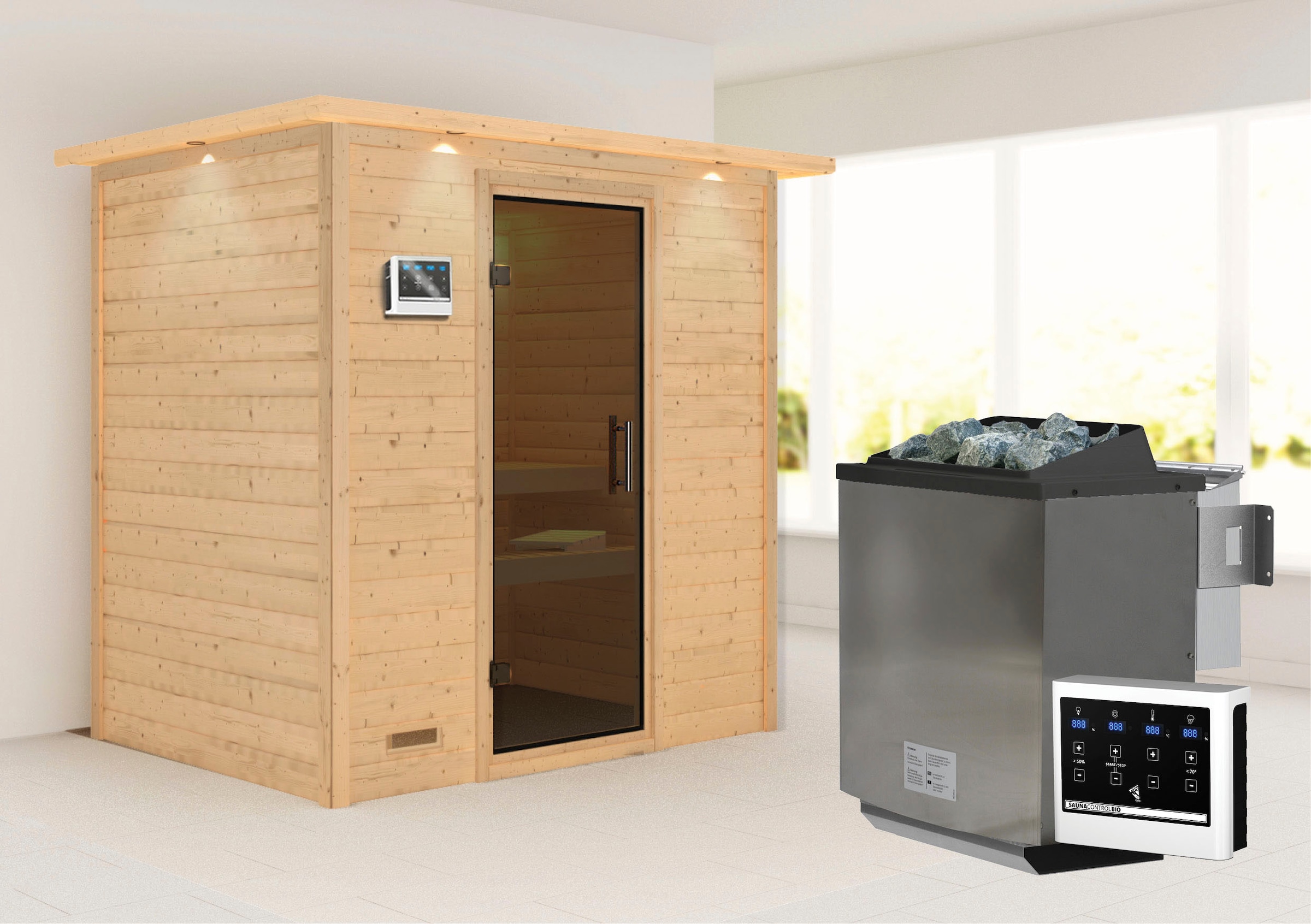 Karibu Sauna ""Sonja" mit graphitfarbener Tür und Kranz Ofen 9 kW Bio externe Strg"