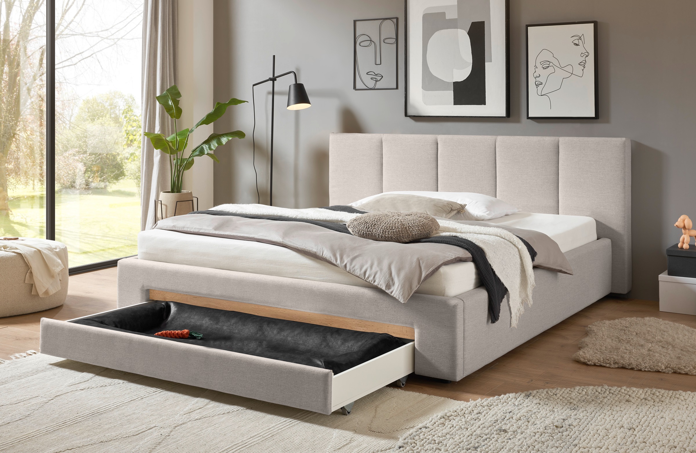 INOSIGN Polsterbett »CiTY/GiRON, Bettgestell mit Bettkasten, gepolstertes Stauraumbett«, mit Hundebett oder Stauraumschublade, Bezug Cord-oder Leinenoptik