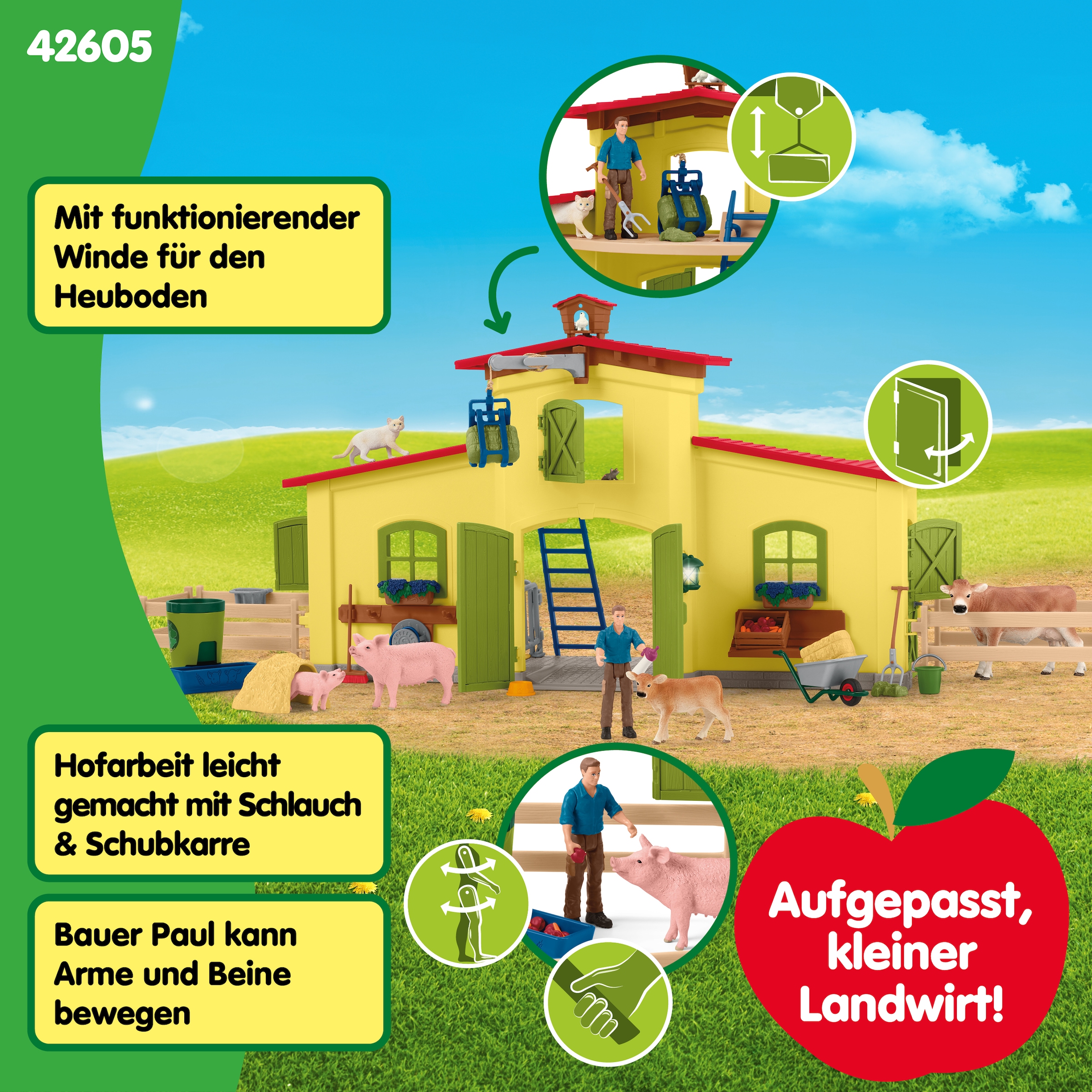 Schleich® Spielwelt »FARM WORLD, Großer Stall mit Tieren und Zubehör (42605)«