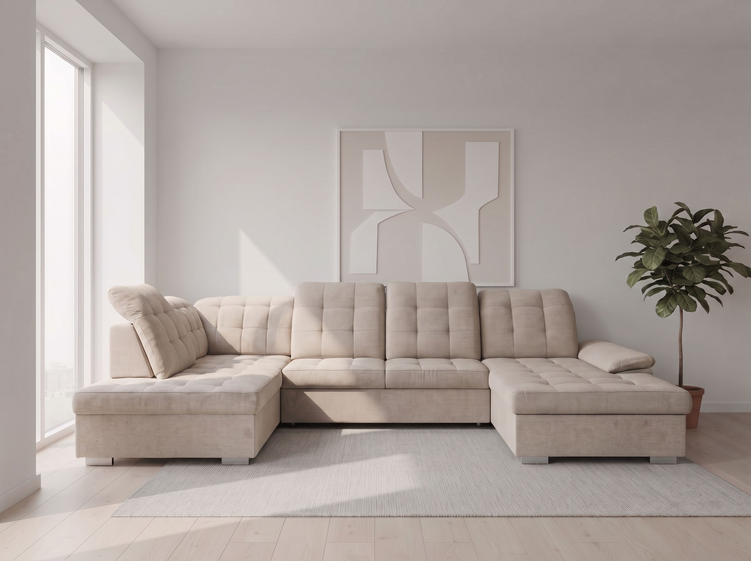 WERK2 Wohnlandschaft "Kordula-New 332 x 217 cm Multifunktion Couch modern und bequem" Struktur weich, U-Form, XXL, Sitztiefenverstellung, Schlaffunktion