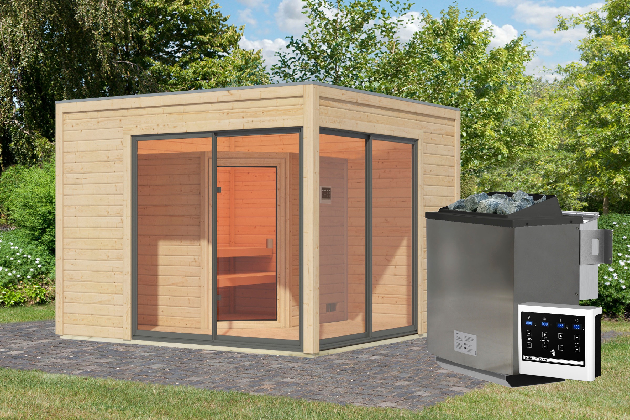 Karibu Saunahaus »Tammo 3A«, Ofen 9 kW Bio ext. Strg.