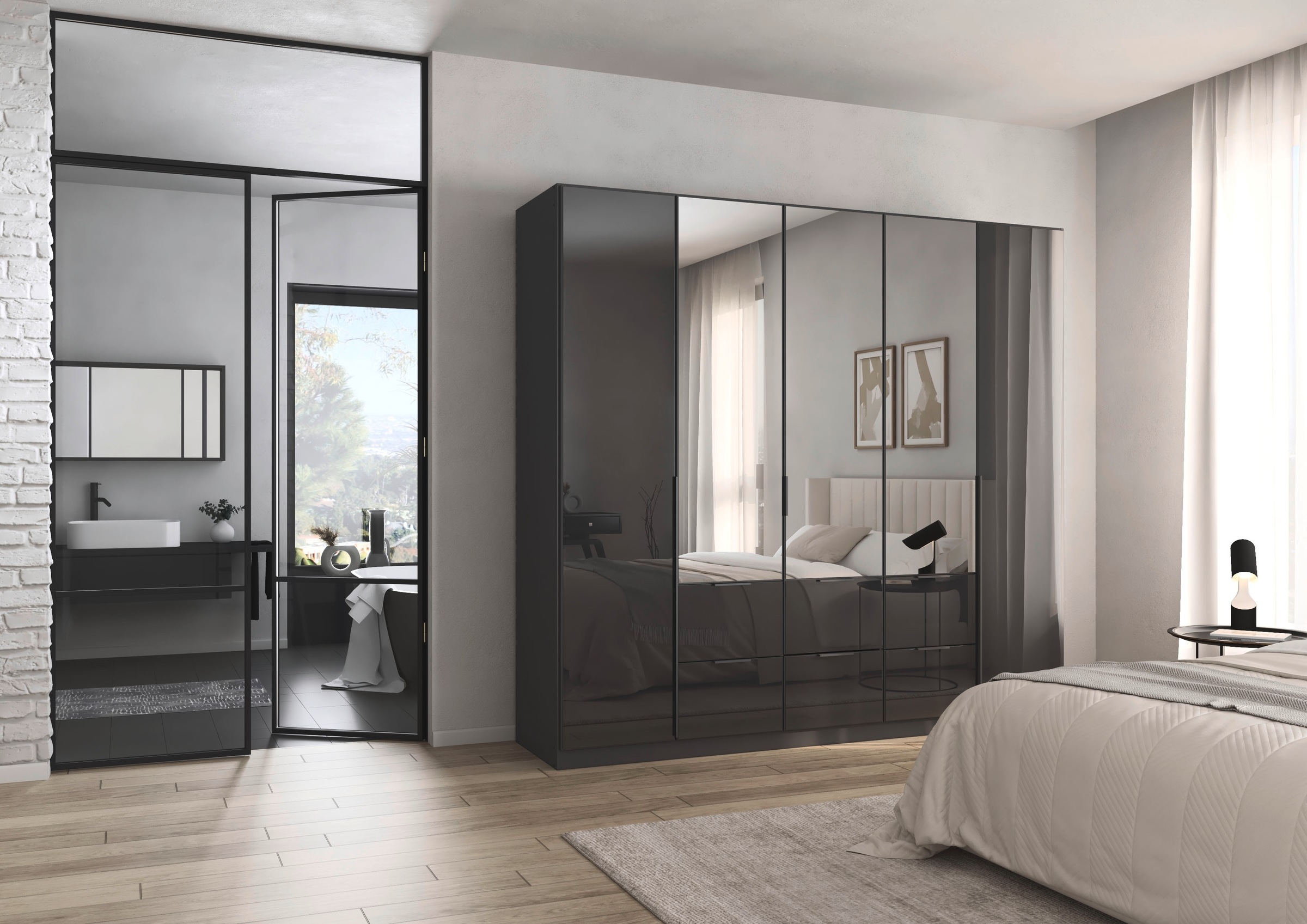 rauch Drehtürenschrank »Kleiderschrank Kleiderschränke Schrank Garderobe AGORDO mit Glasfront«, (in zwei Griff-Farben mit Glasfront), mit Außenschubkästen, in 6 Breiten und 2 Höhen MADE IN GERMANY