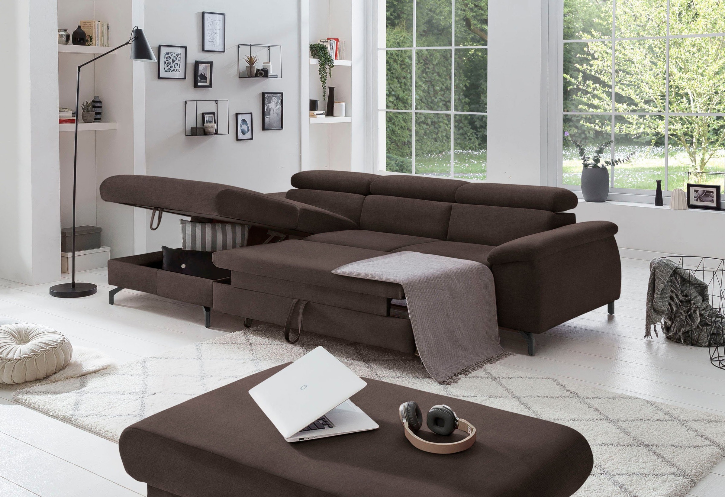 COTTA Polstergarnitur »Komaris L-Form«, (Set), Set bestehend aus: Ecksofa mit Kopfteilverstellung & Hocker