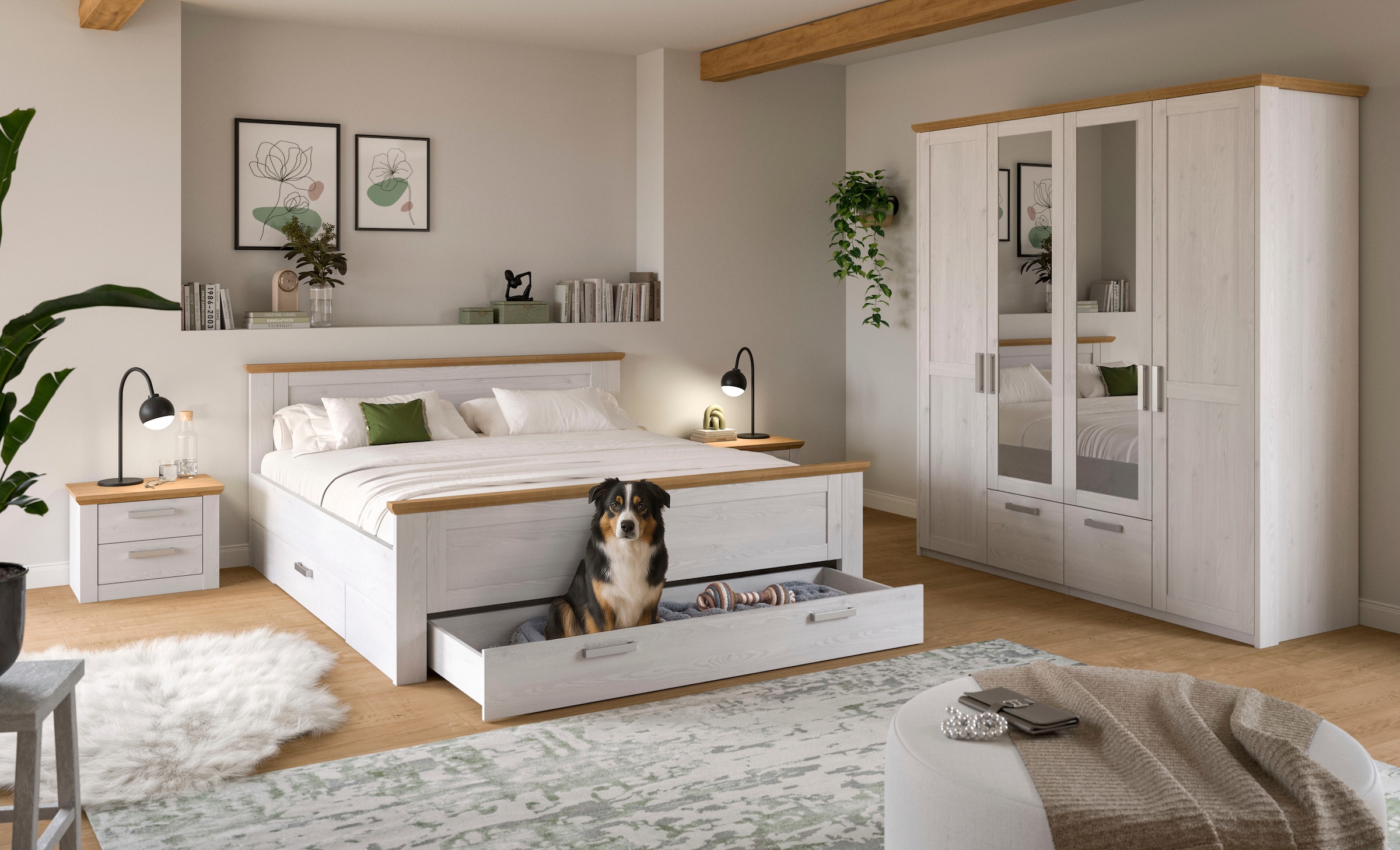 Home affaire Schlafzimmer-Set »COSENZA, TOPSELLER!, 4-teilig, Kleiderschrank, Bett & 2x Nachttische« Matratzengröße 180x200 cm, viel Stauraum, ohne Lattenrost & Matratze, 4 tlg. tlg. Schlafzimmer, Schlafen, Set, Kombination, Bettanlage