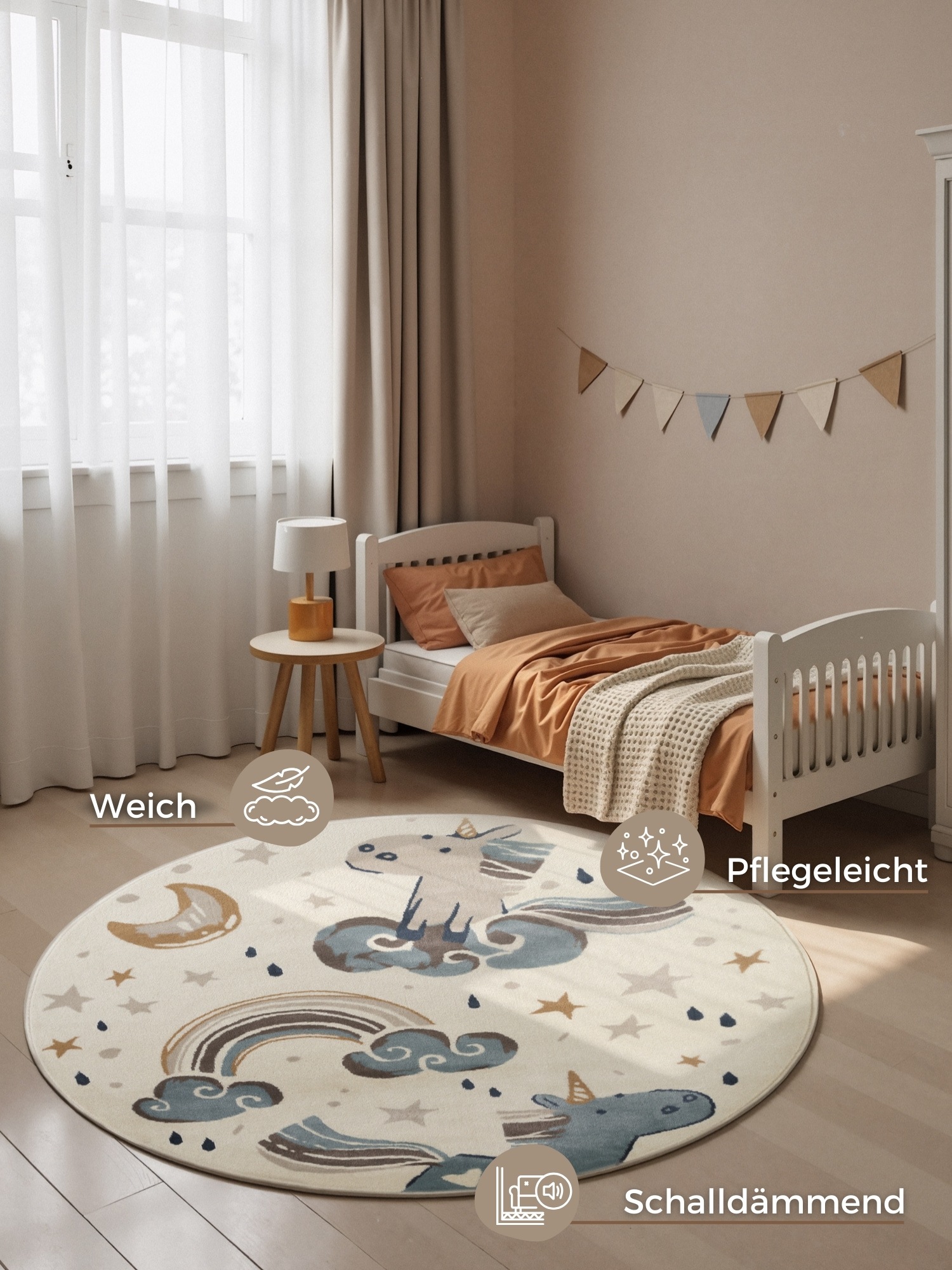 Kinderteppich HANSE HOME "Einhorn", creme multifarben, H:10mm Ø:160cm, Polypropylen, Teppiche, Kinderteppich, Pflegeleicht, Weich, Kinderzimmer, Spielteppich, Spielunterlage 2