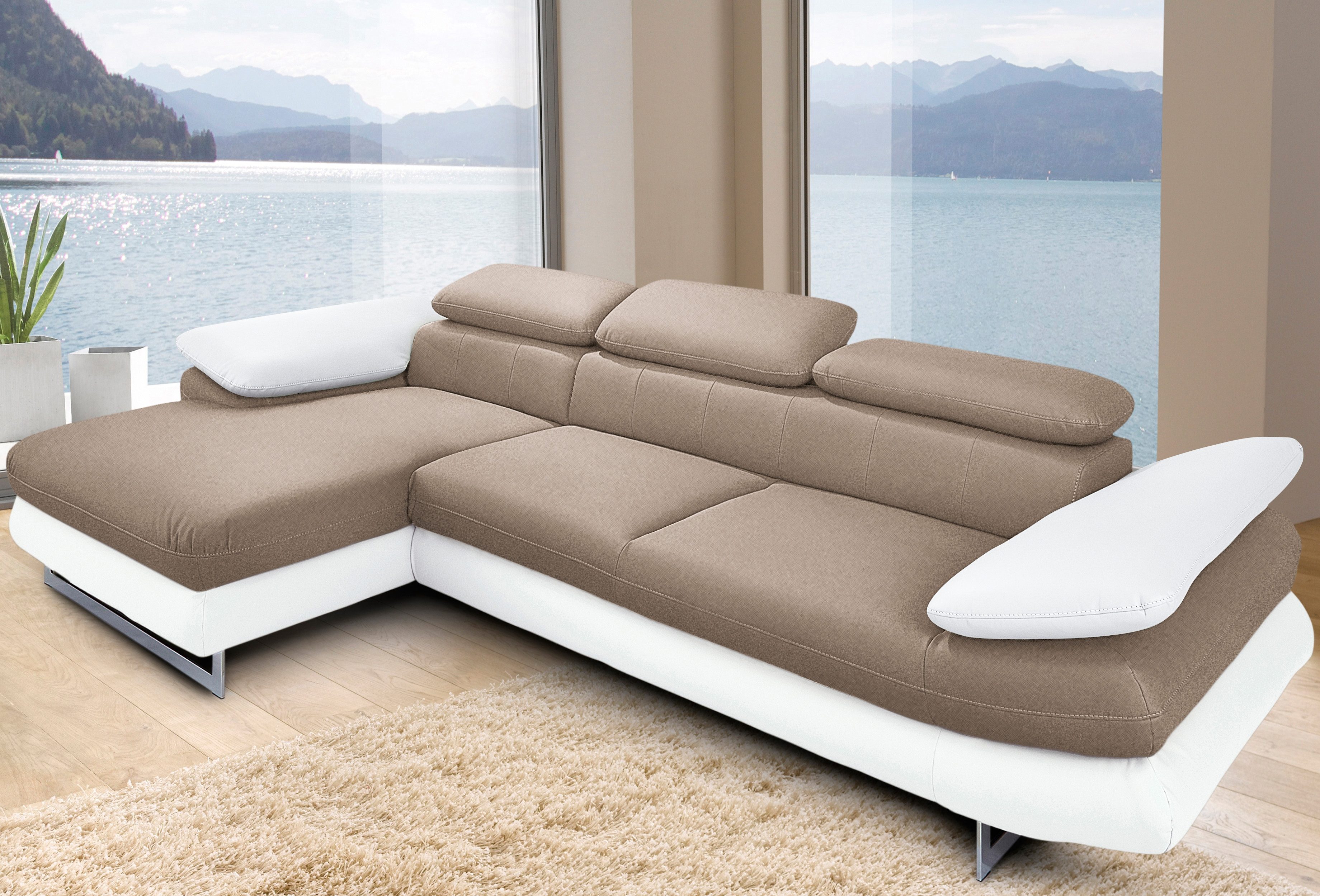 COTTA Ecksofa "Solution L-Form, B:286cm,modern mit Relaxarmlehne, Wellenunterfederung" mit Arm- & Kopfteilverstellung, wahlweise mit Schlaffunktion