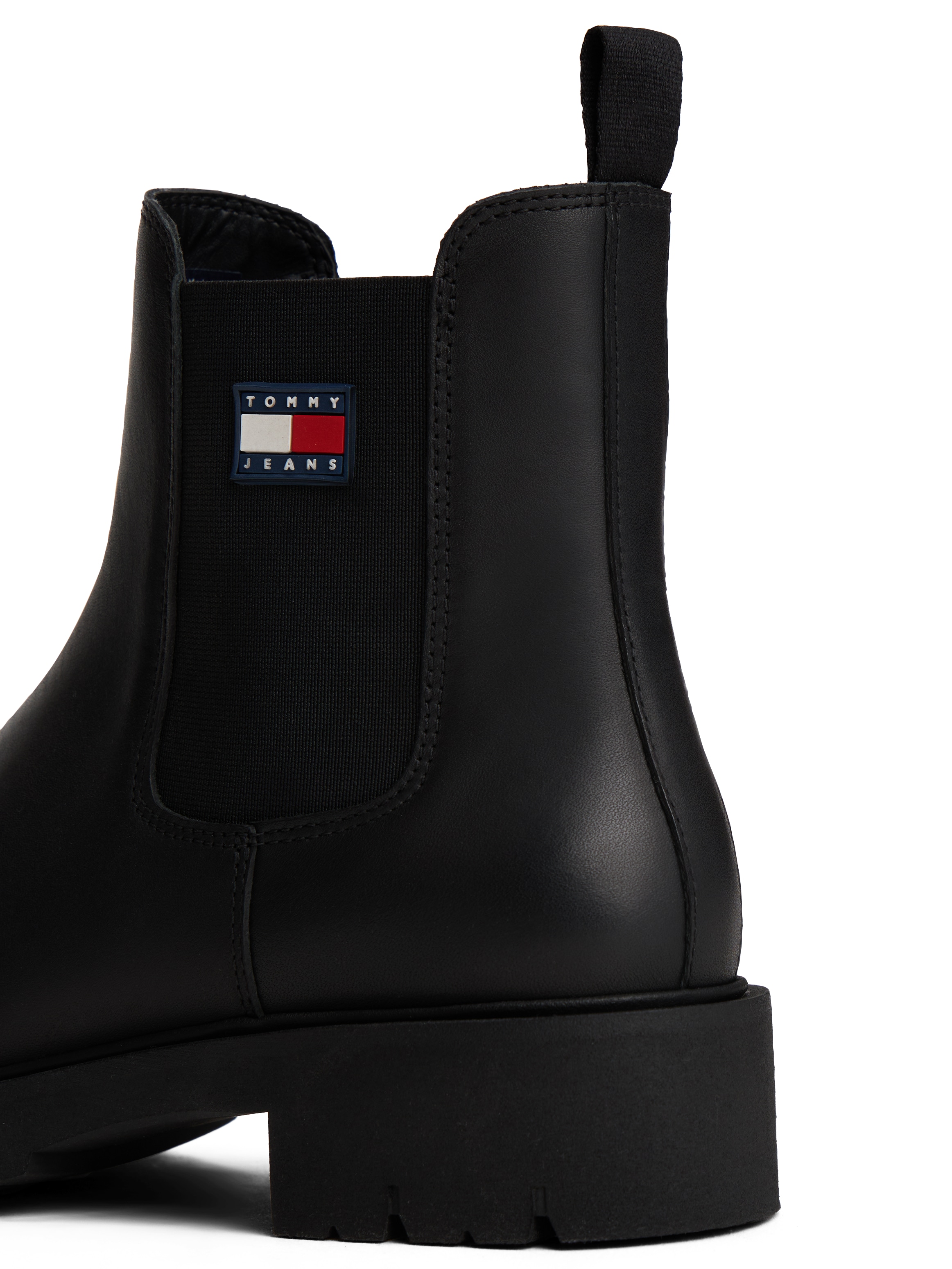 Tommy Jeans Chelseaboots »TJW CHELSEA LEATHER BOOT«, Blockabsatz, Schlupfboots, Stiefelette mit typischer Logoflagge