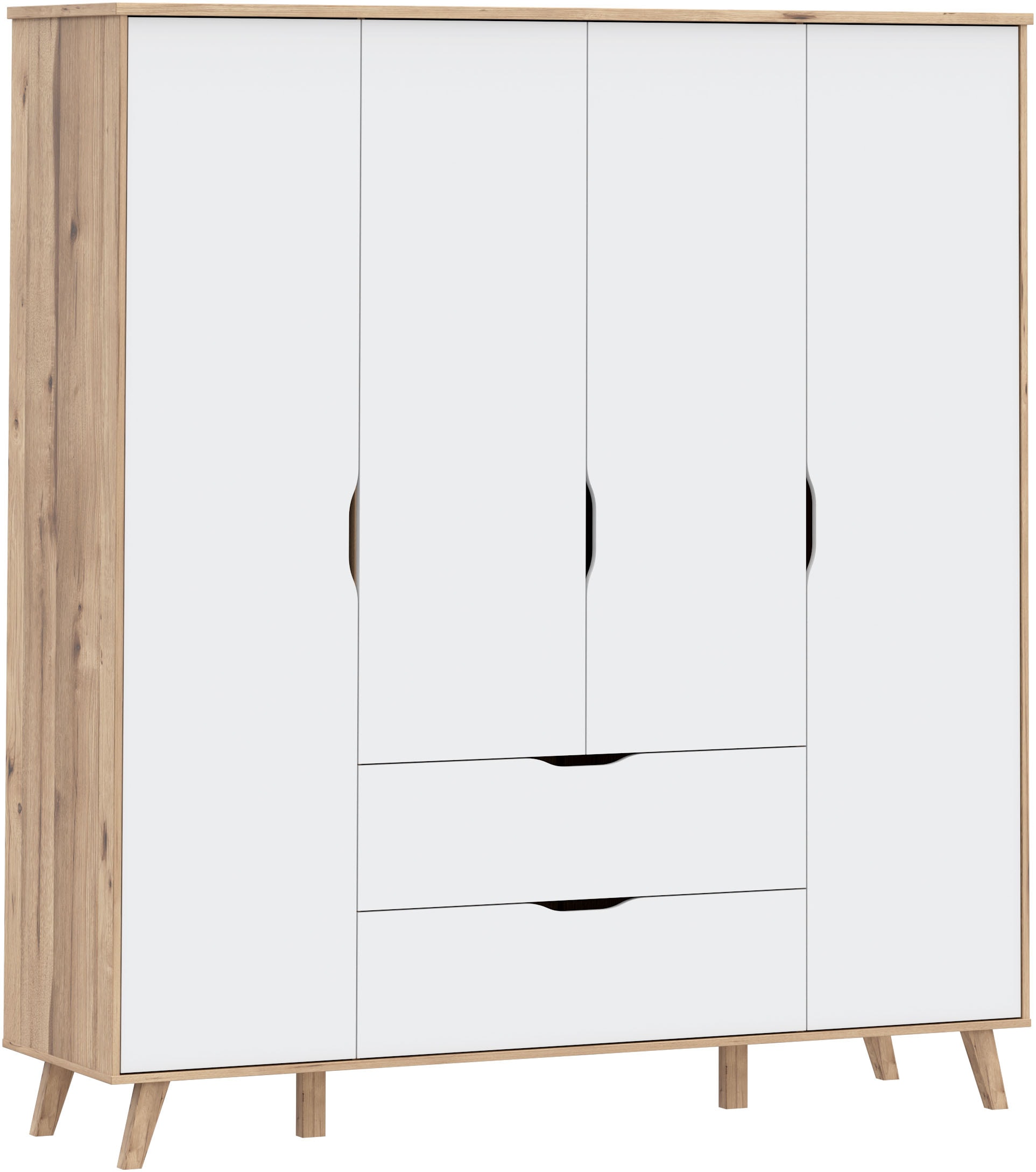 FORTE Kleiderschrank "Vankka, Drehtürenschrank, Viel Stauraum, skandinavischer Stil" Made in Europe, mit Einlegeböden+Kleiderstangen+Schubladen,grifflos