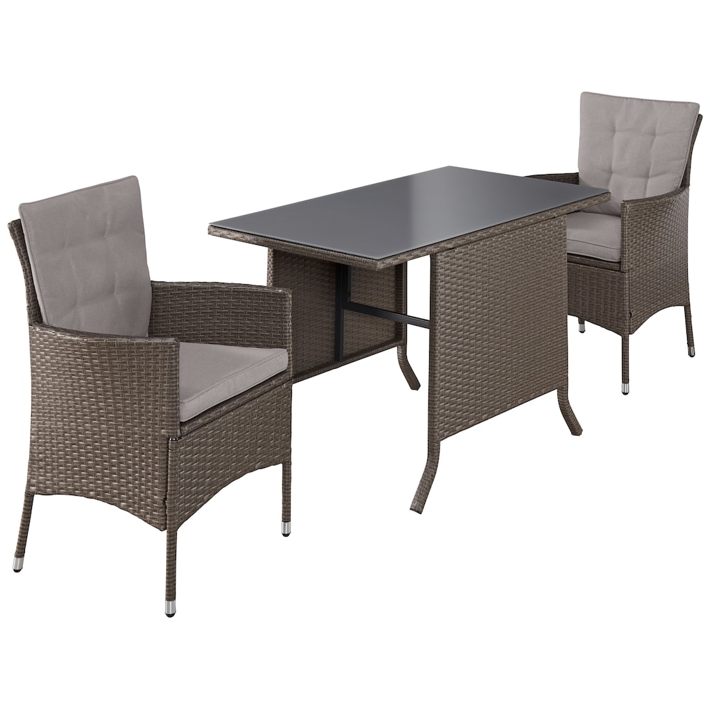 KONIFERA Balkonset »Mailand«, (Set, 7 tlg., 2x Sessel, 1x Tisch 112x65 cm, inkl. Auflagen, Polyrattan), Tischplatte aus Sicherheitsglas