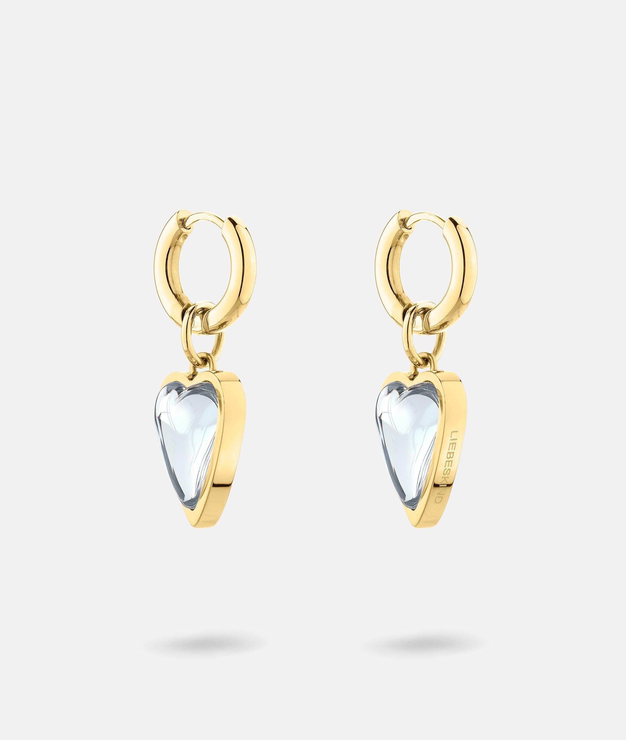 Paar Creolen LIEBESKIND BERLIN "Schmuck Ohrringe mit abnehmbaren Herz-Einhängern Glass Heart", gelbgoldfarben, transparent, transparent, Ohrringe, Damen, Edelstahl, mit Glasstein 3