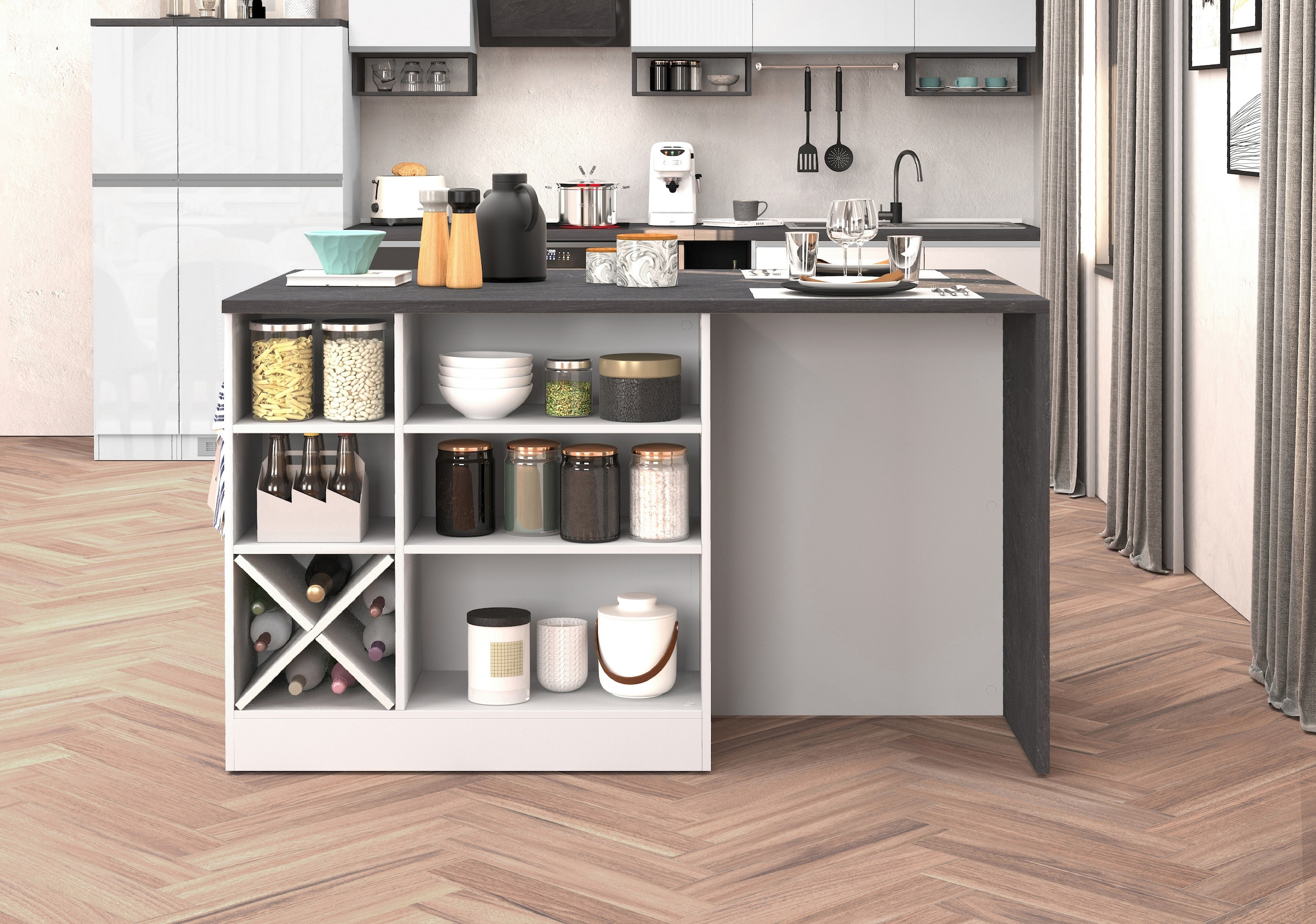 KOCHSTATION Kücheninsel »KS-Sole, Kochinsel, Küchenarbeitsblock, Inselküche, Arbeitsinsel« Breite 152,5 cm, mit Essplatz, Handtuchhalter, Fächer und Weinregal