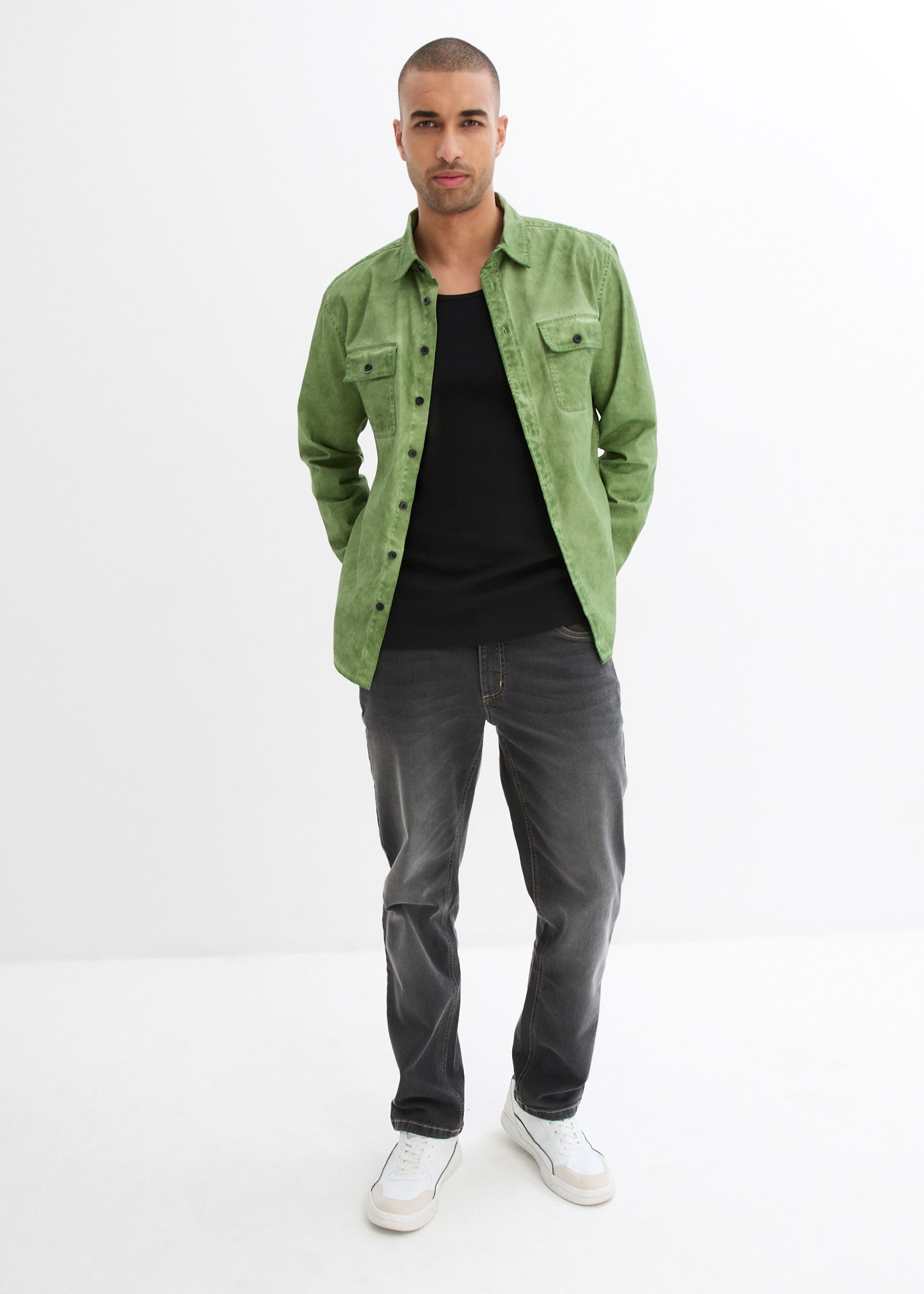 bonprix Langarmhemd Regular Fit, aus reiner Baumwolle, in Used-Optik, mit Brusttasche