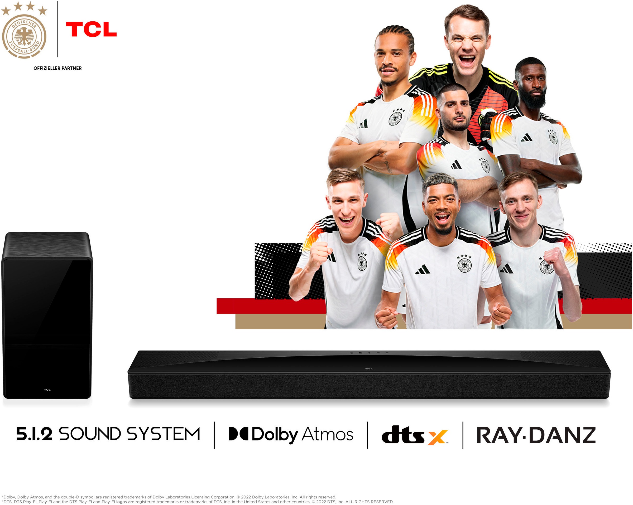 TCL Soundbar »Q75HE 5.1.2 Dolby Atmos und Ray Danz«, AI Sonic, 620 Watt, Airplay, HDMI, Bluetooth, Wandhalterung, Subwoofer