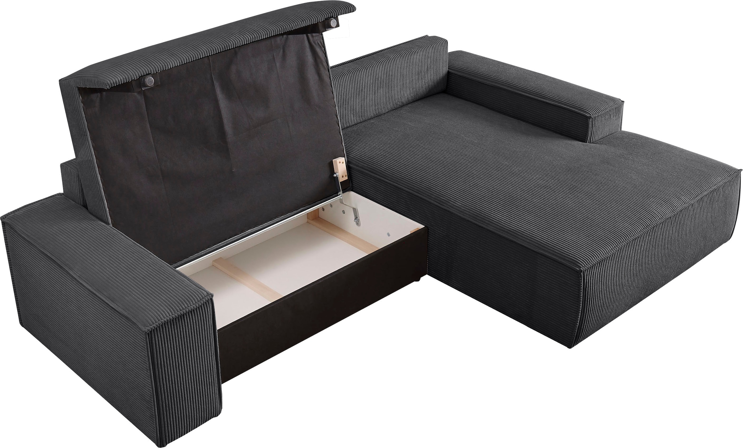 OTTO home Ecksofa »SHERWOOD L-Form, 267 cm - OTTO. Verlässliche Qualität.« Schlaffunktion mit Bettkasten (210x136 cm), Cord, Vintage, Samtvelours