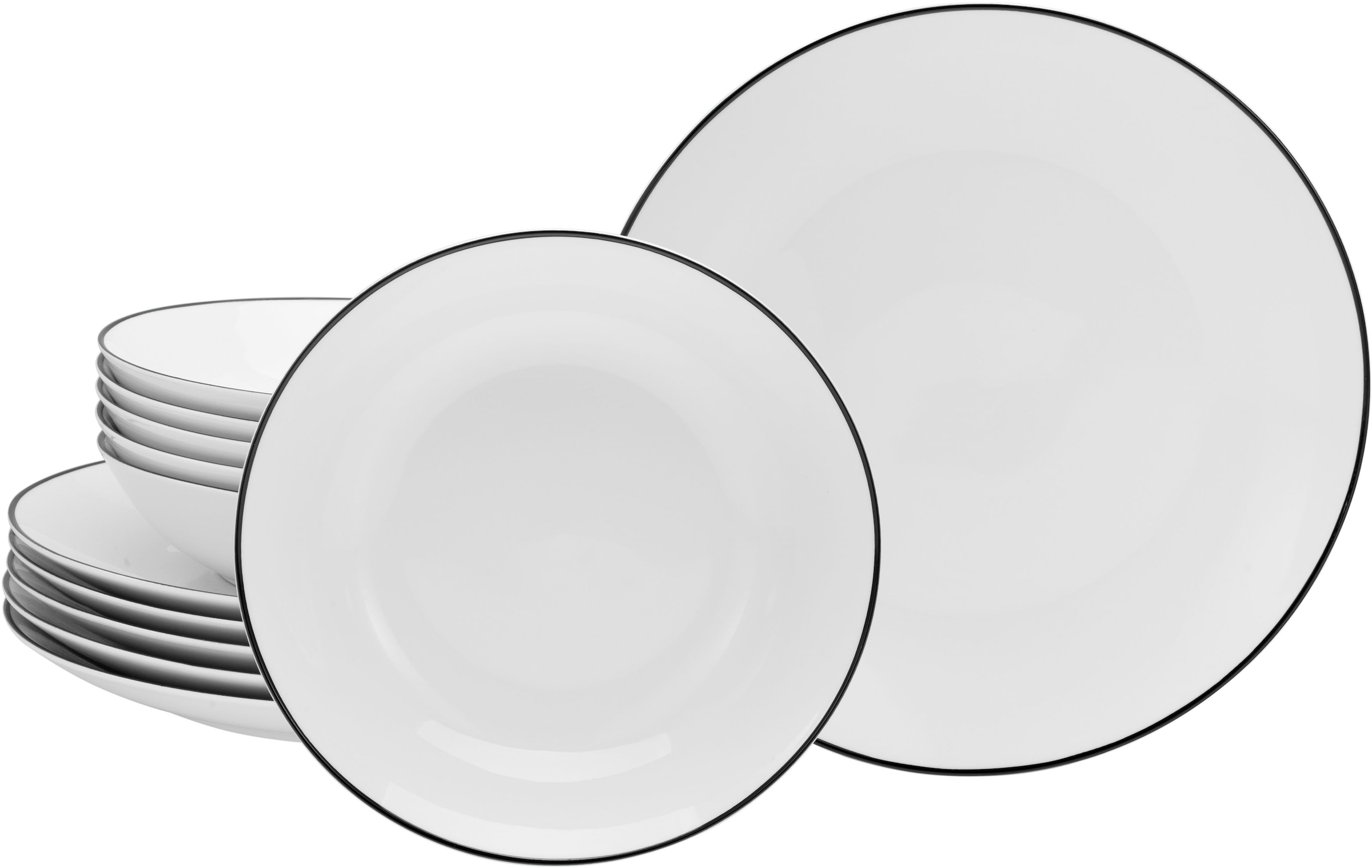 my home Tafelservice »Madeline«, (Set, 12 tlg., je 6 Speiseller, Suppenteller), Geschirr, trendige Coupeform, handgemalte, schwarzes Liniendekor