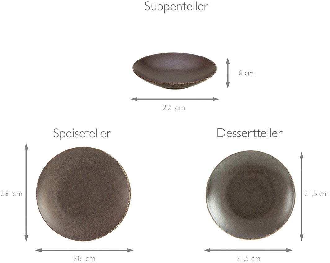 CreaTable Tafelservice »Geschirr-Set Rusty«, (Set, 12 tlg., Teller Set für 4 Personen), Service, seidenmatte Glasur, 12 Teile, für 4 Personen