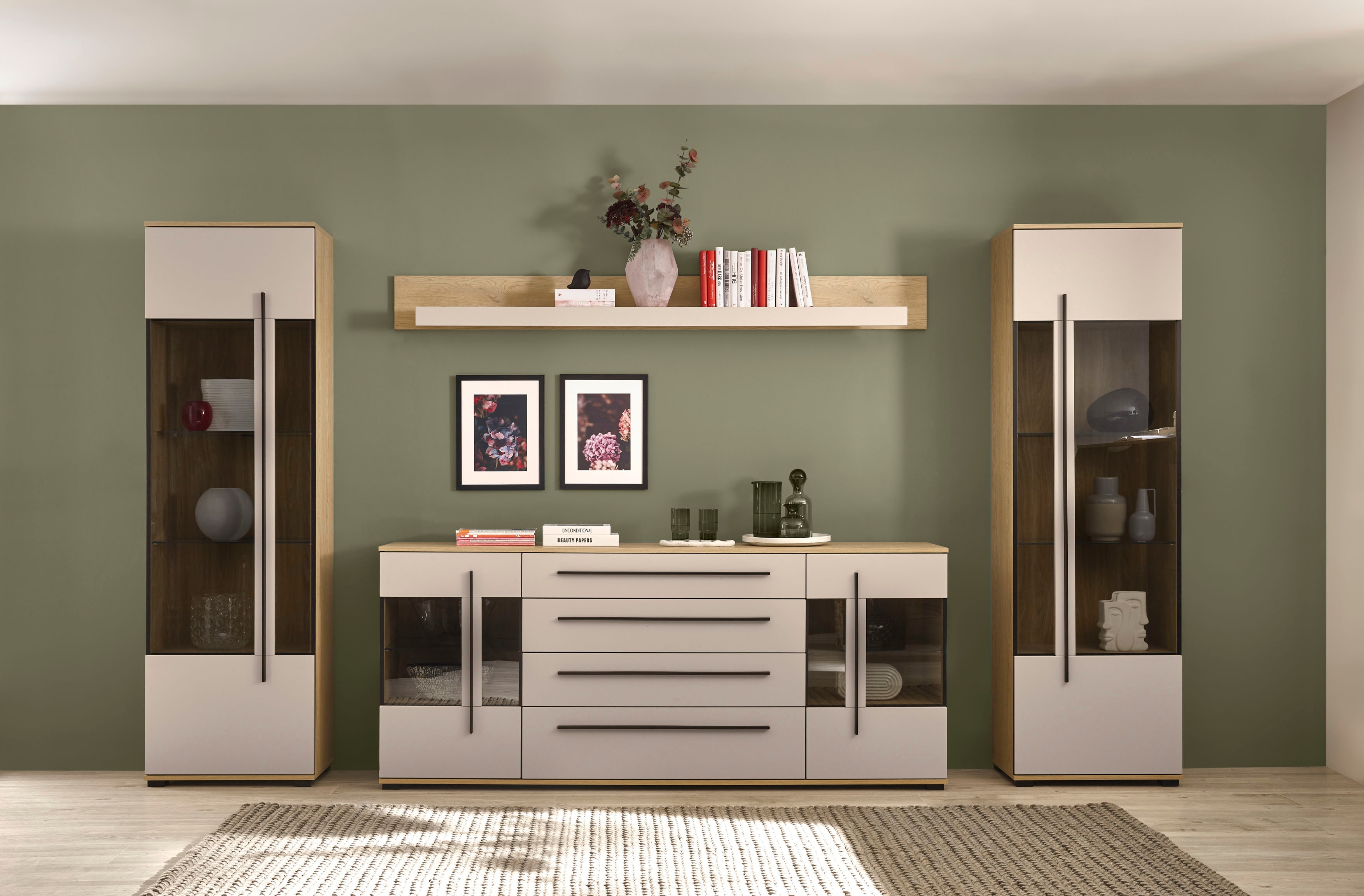 Home affaire Wohnwand "Cantara, Anbauwand, Wohnzimmer-Set, in Eiche Evoke, Weiß oder Kaschmir" Set