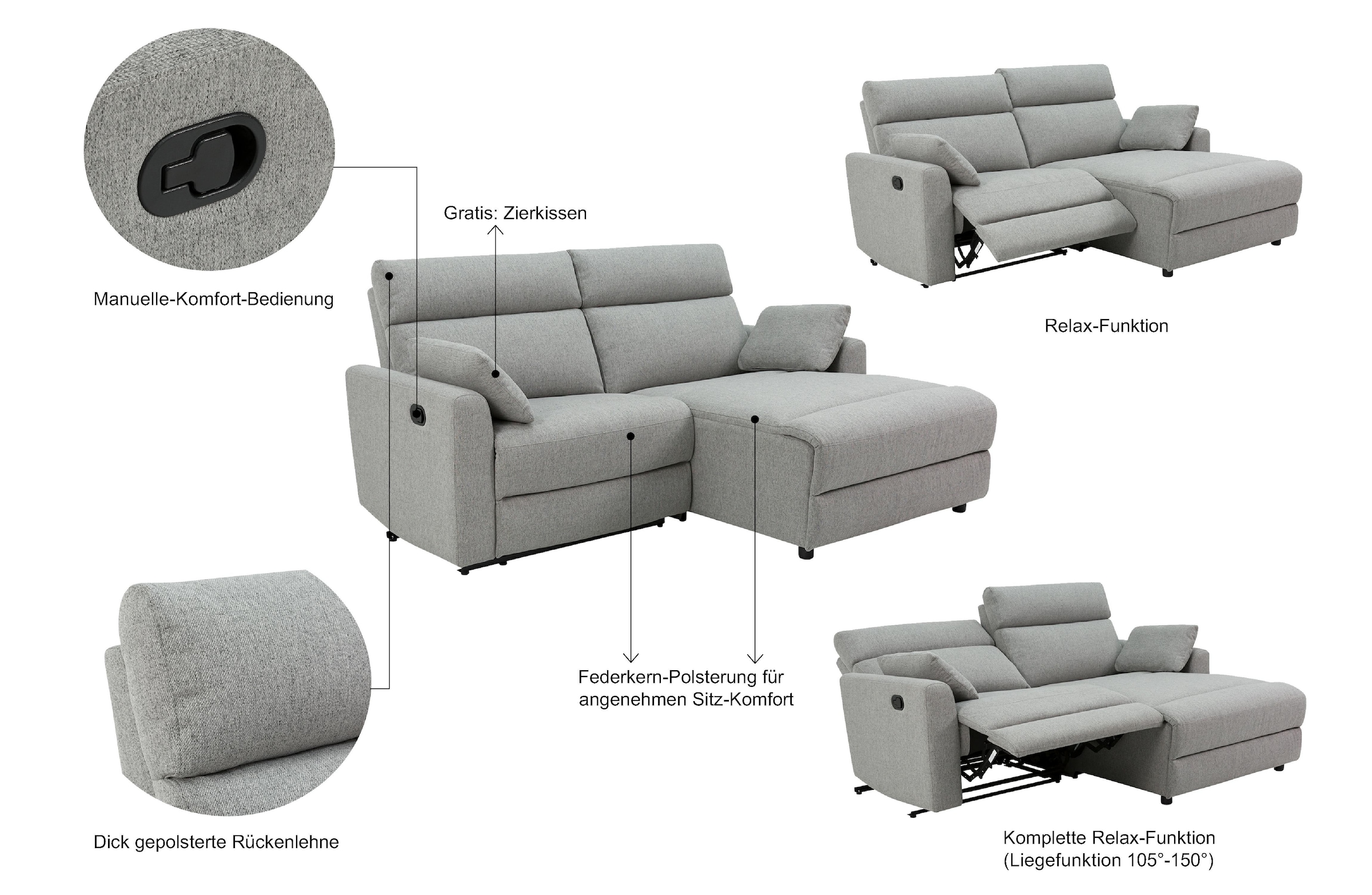 INOSIGN Ecksofa »JENNA, L-Form, 209cm, manuelle u. elektrische Funktion, mit USB A/C,«, Liegefunktion 105°-150°, Federkern, Struktur fein