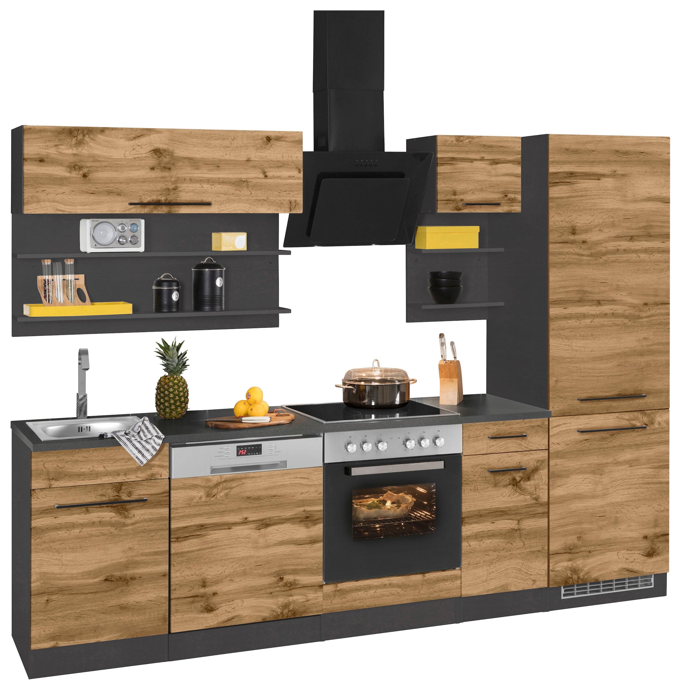 KOCHSTATION Küchenzeile »KS-Tulsa« mit E-Geräten, Breite 270 cm, schwarze Metallgriffe, MDF Fronten