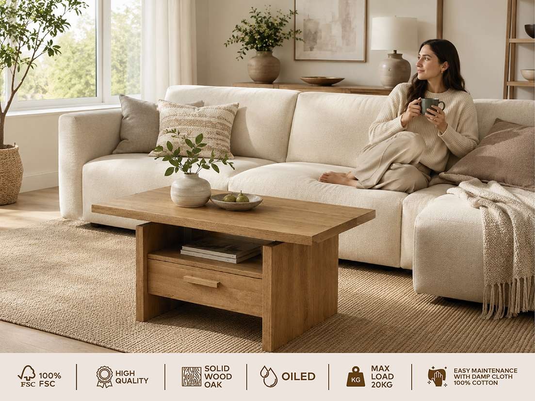 OTTO home Couchtisch »Ravenna, Kaffeetisch« Wildeiche Natur/Smoke massiv, Liftfunktion, Schublade, Ablage
