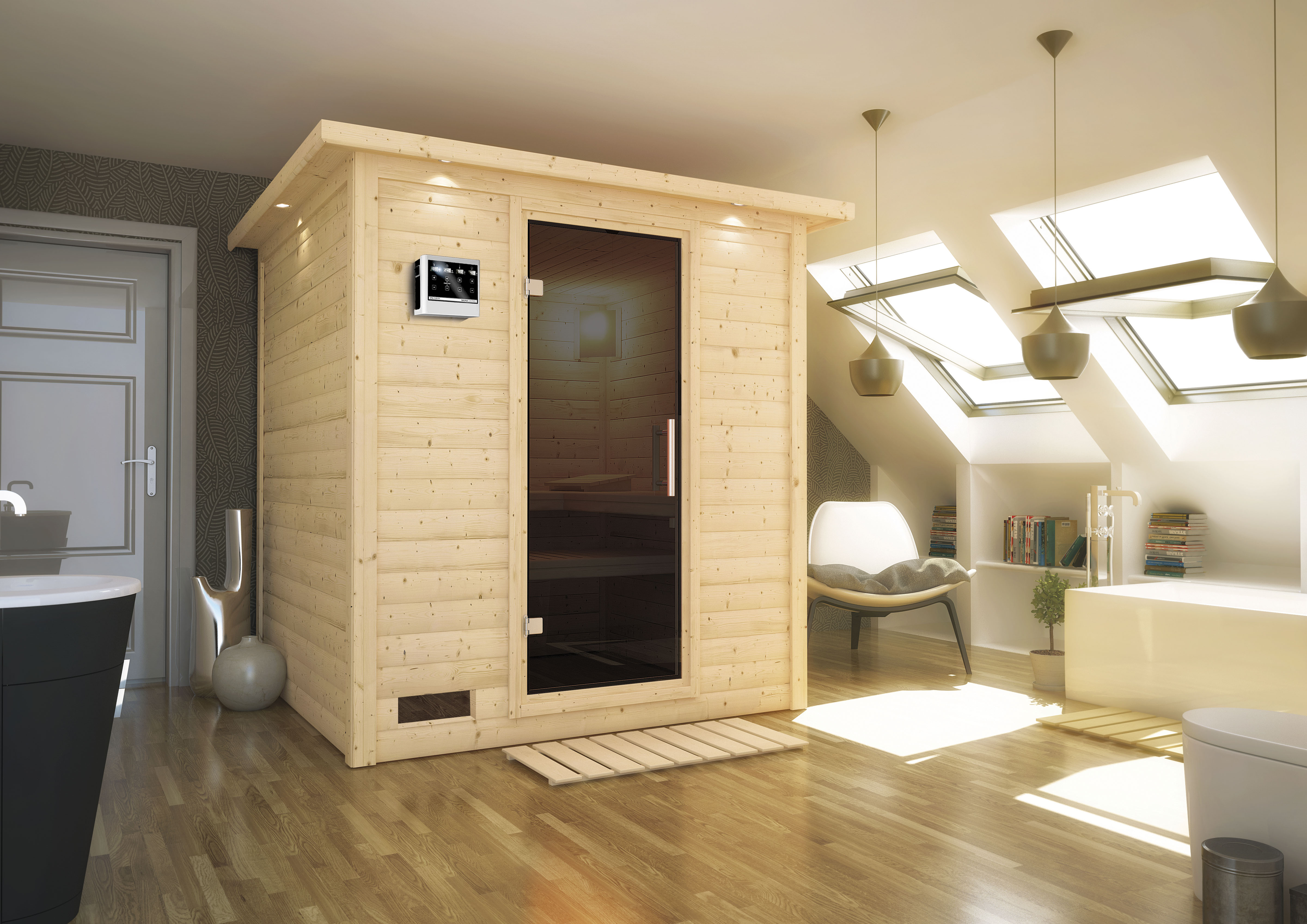 Karibu Sauna "Menja" Set, Ofen 9 kW Bio externe Strg easy