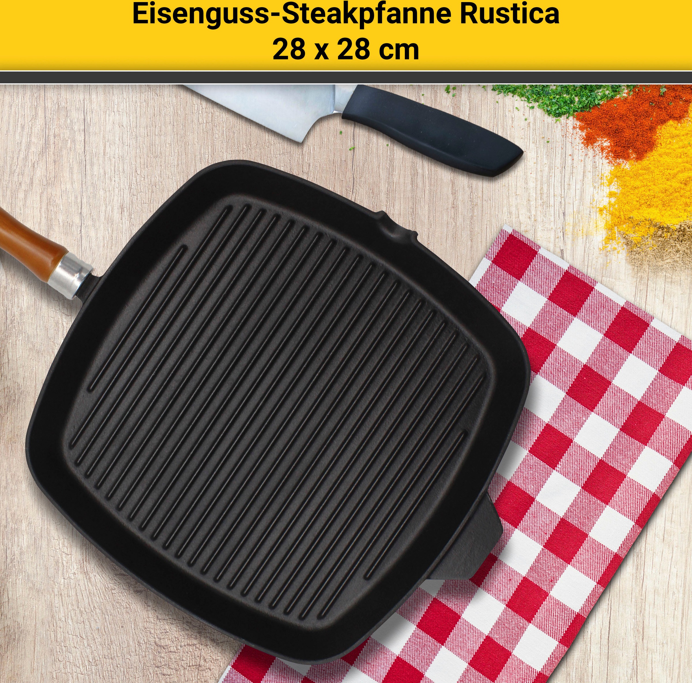 Thumbnail - Krüger Steakpfanne "Einsenguss Grill-/ Steakpfanne RUSTICA, 28 x 28cm" Gusseisen 1 Stk. tlg. für Induktions-Kochfelder g...