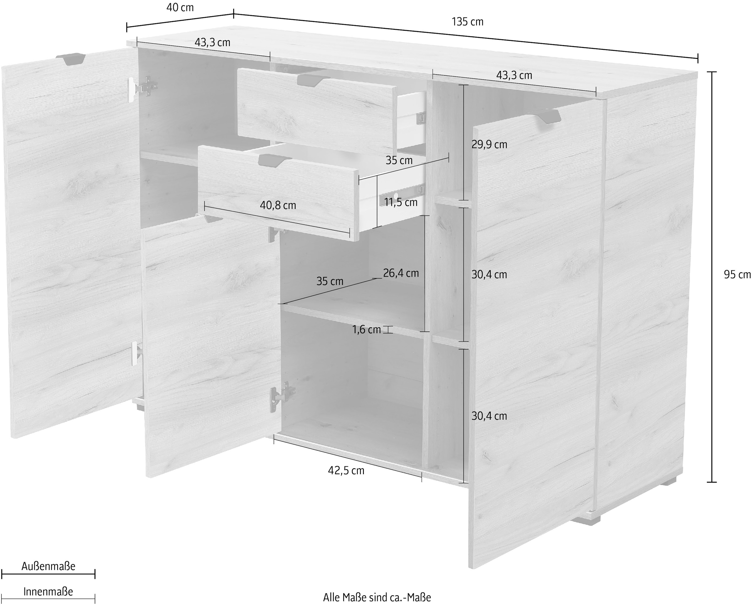 INOSIGN Sideboard »Duero«, Kommode mit 2 Schubkästen, Breite 135 cm