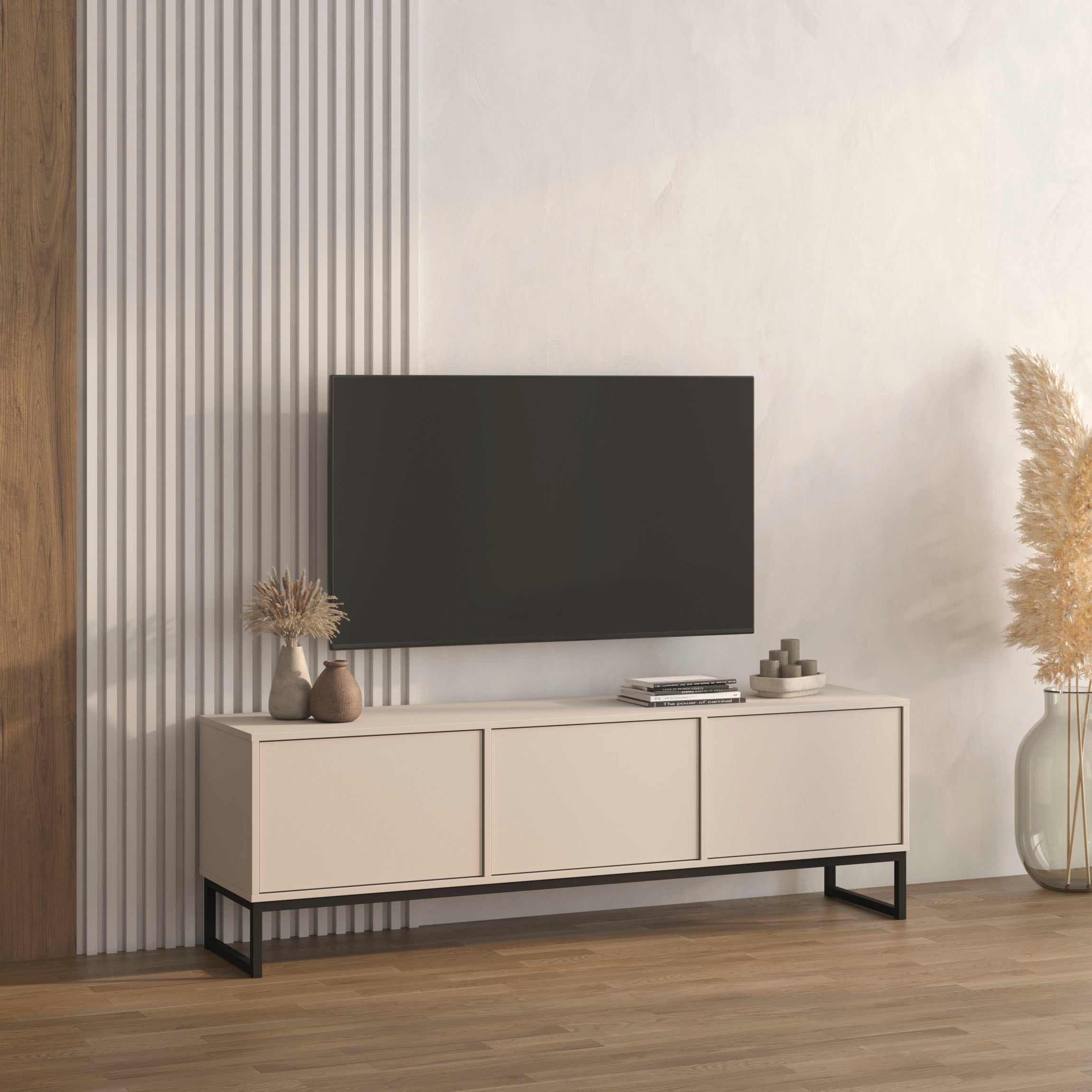 OTTO home Lowboard »Loft, Breite 157 cm, TV-Board 3 Klappen, Metallkufen« TV-Kommode mit viel Stauraum, push-to-open-Funktion