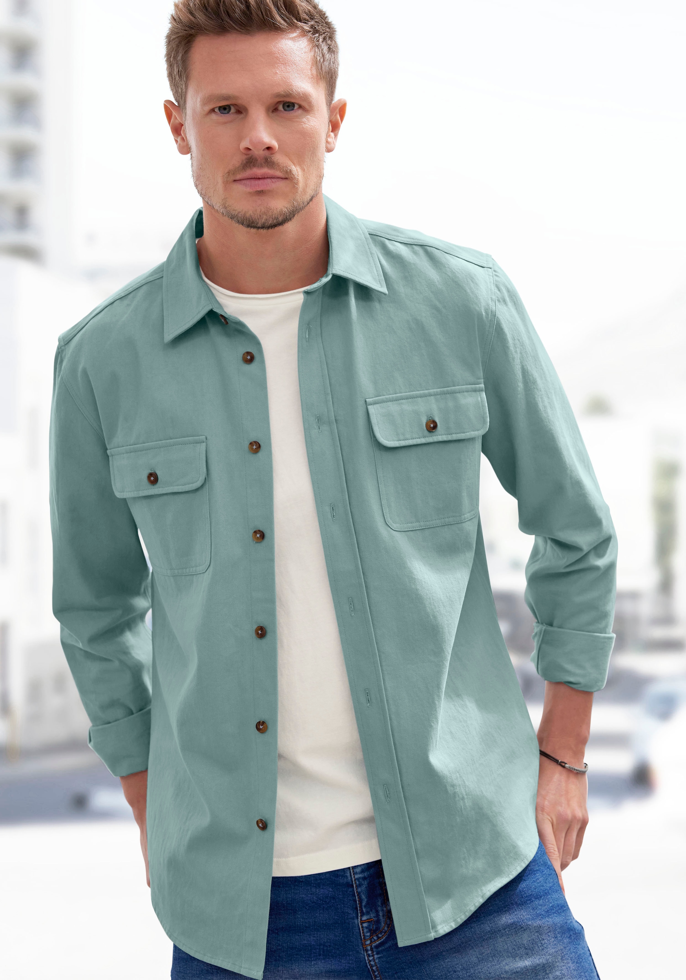 John Devin Langarmhemd ", cooles Overshirt", aus reiner Baumwolle, mit aufgesetzten Taschen