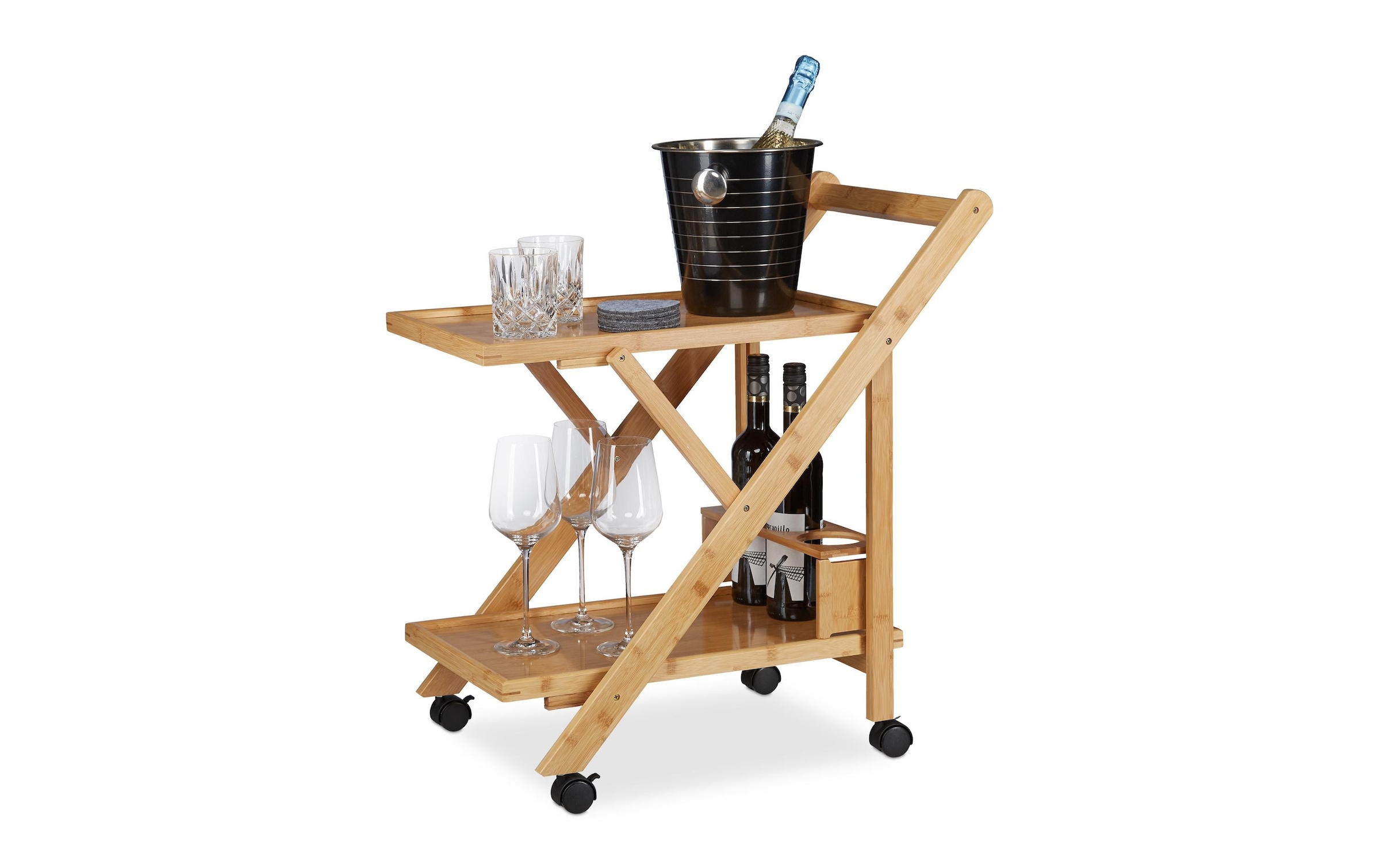 Relaxdays Natürlicher Bambus Küchenwagen Bambus, Servierwagen Klappbar Mit Flaschenhalter, Rollwagen Holz, 65 X 40.5 X 70 Cm, Natur - Image 4