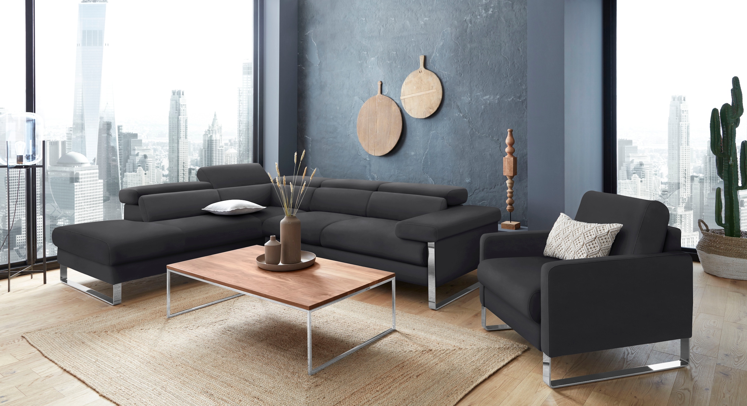 W.SCHILLIG Ecksofa "finn, toller Sitzkomfort, L-Form, hochwertige Verarbeitungsdetails" German Design Award 2016, Fußgestell Chrom glänzend, Breite 281 cm